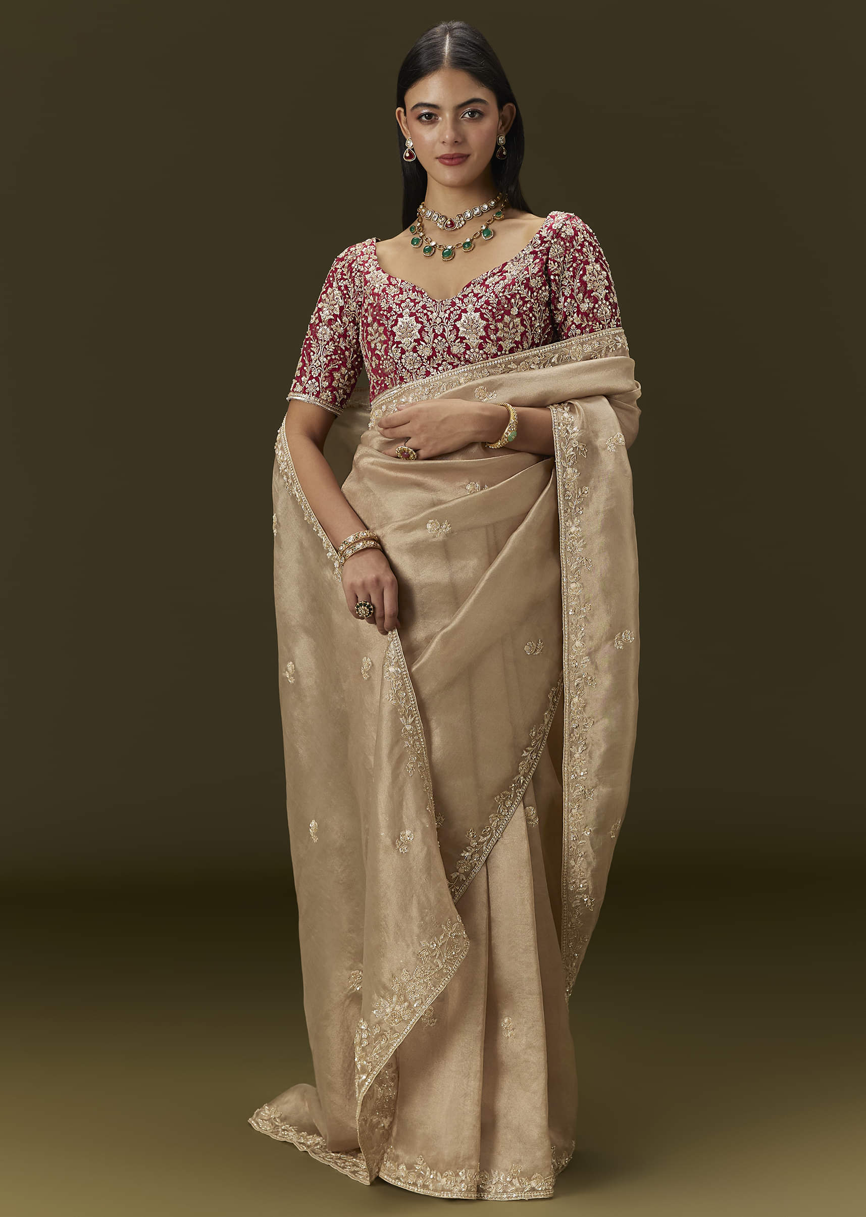 Indian Beige Embroidered Tissue Saree with Brocade Blouse (2-Piece) - Image 1