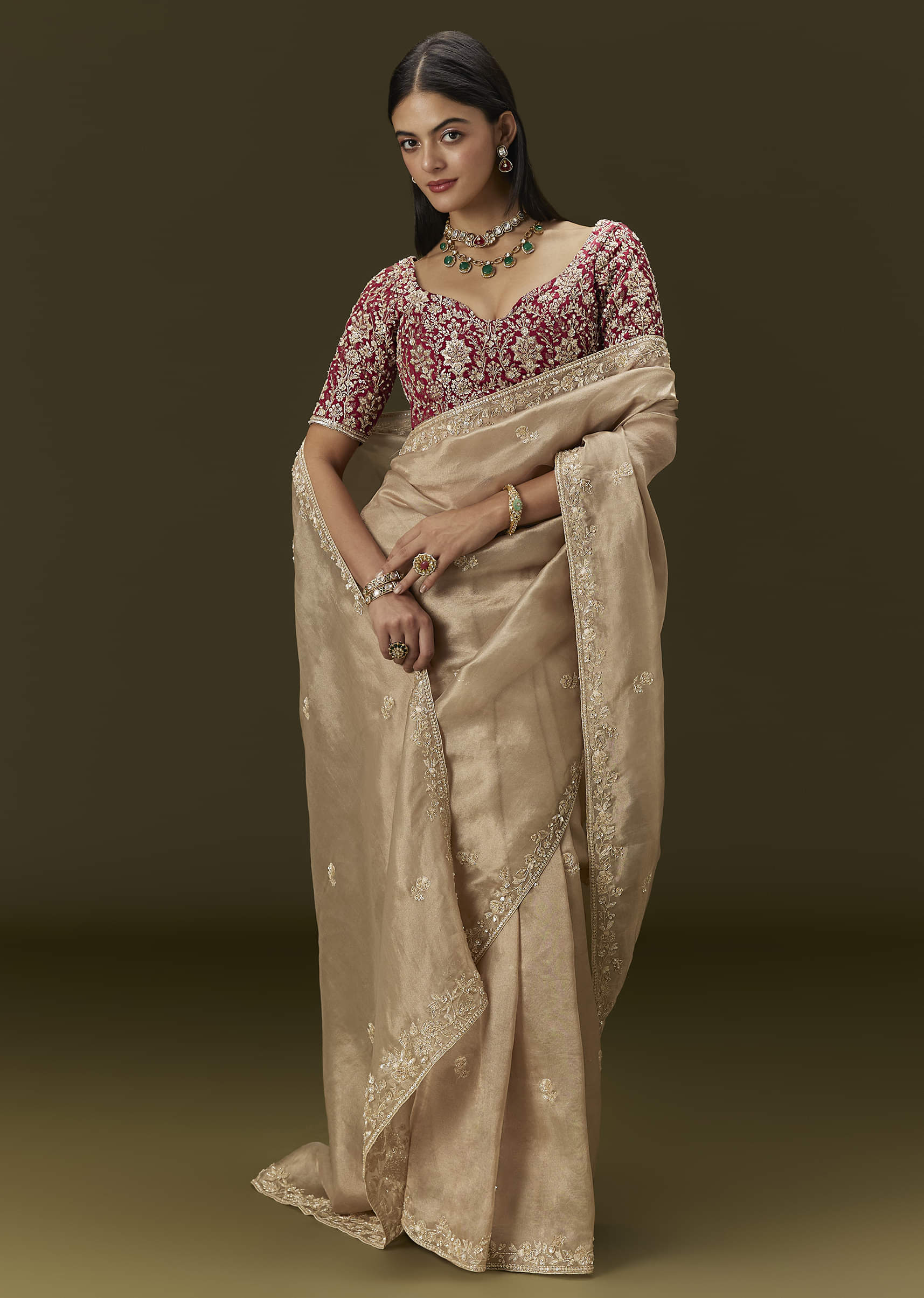Indian Beige Embroidered Tissue Saree with Brocade Blouse (2-Piece) - Image 11