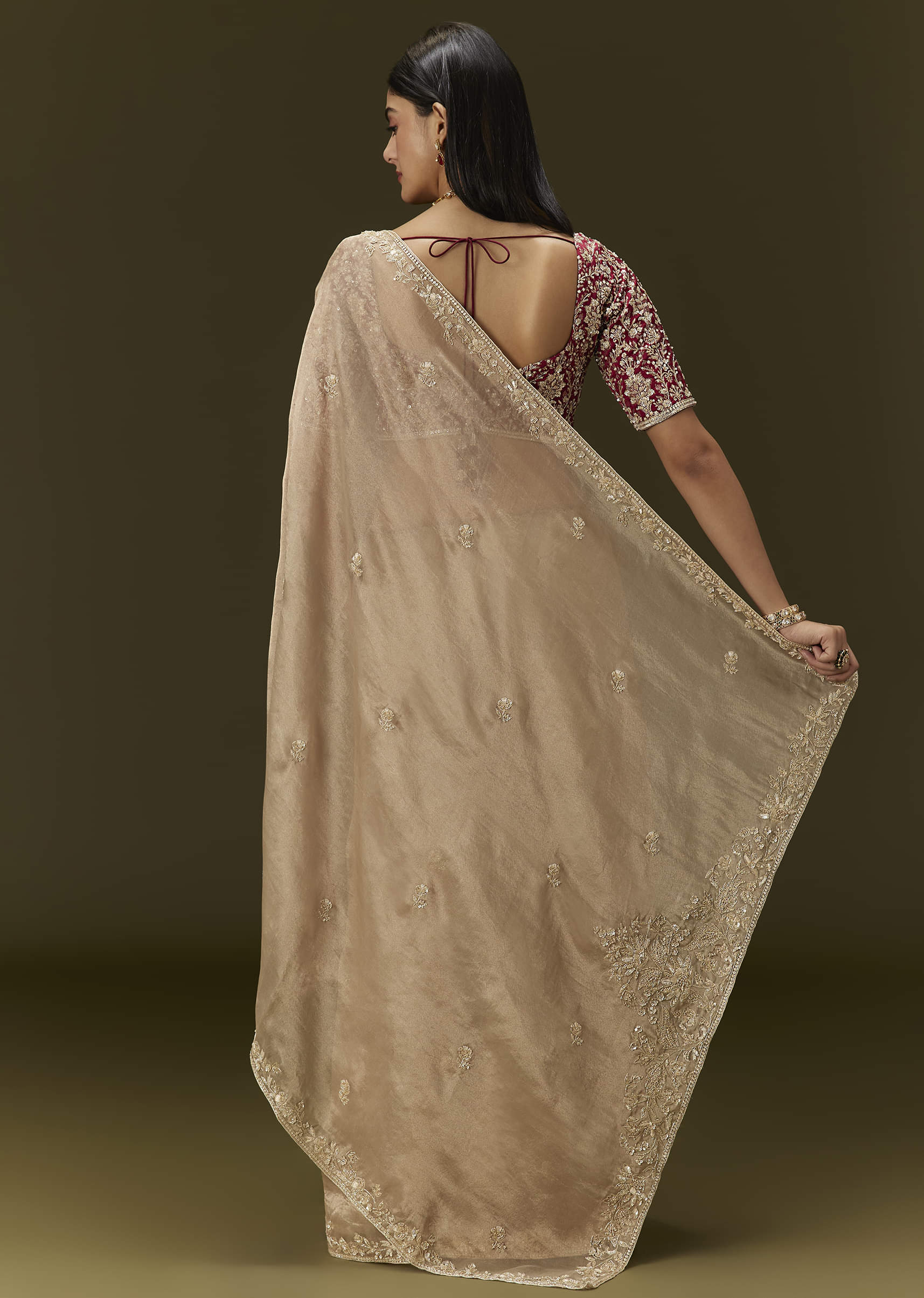 Indian Beige Embroidered Tissue Saree with Brocade Blouse (2-Piece) - Image 2