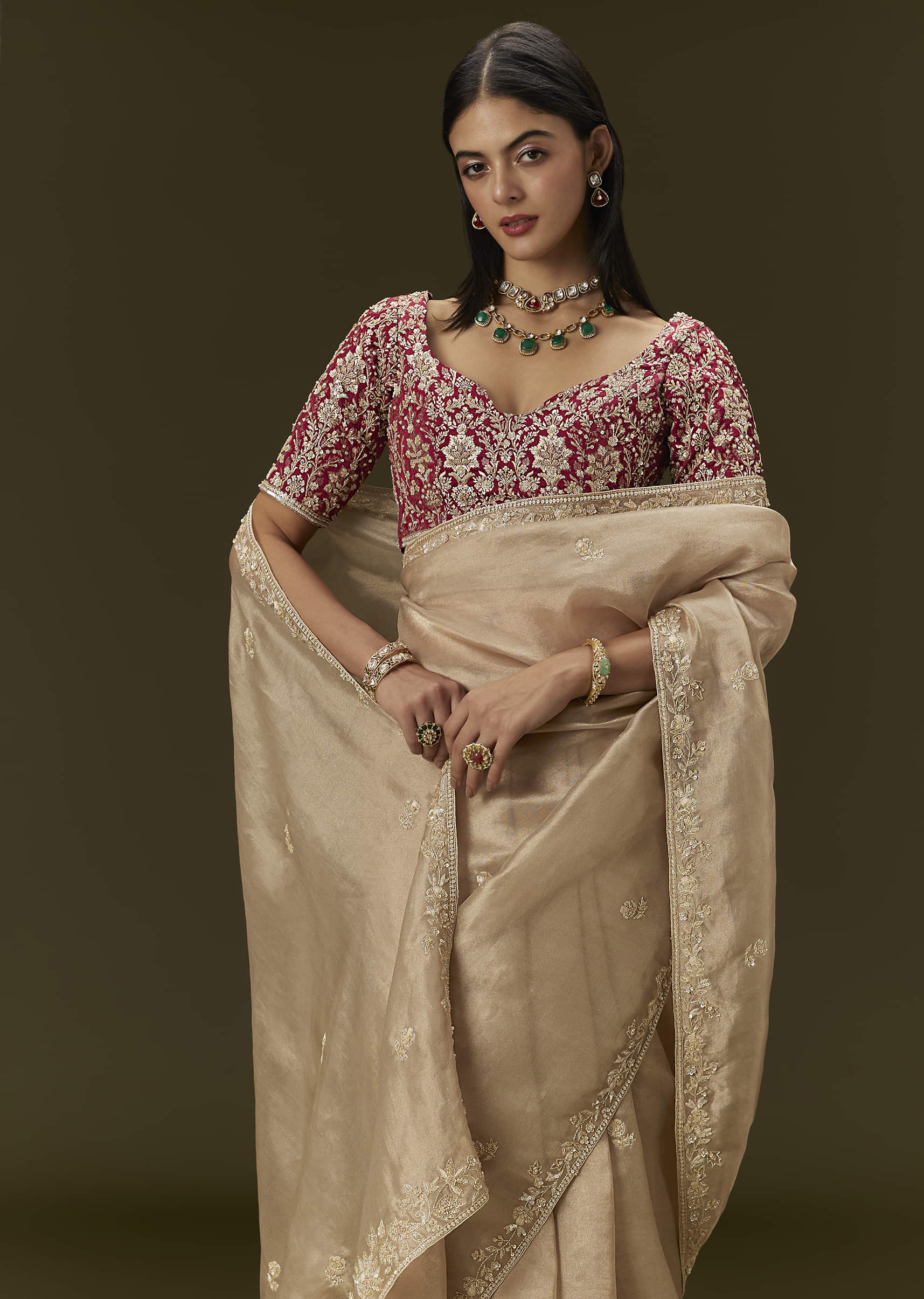 Indian Beige Embroidered Tissue Saree with Brocade Blouse (2-Piece) - Image 3