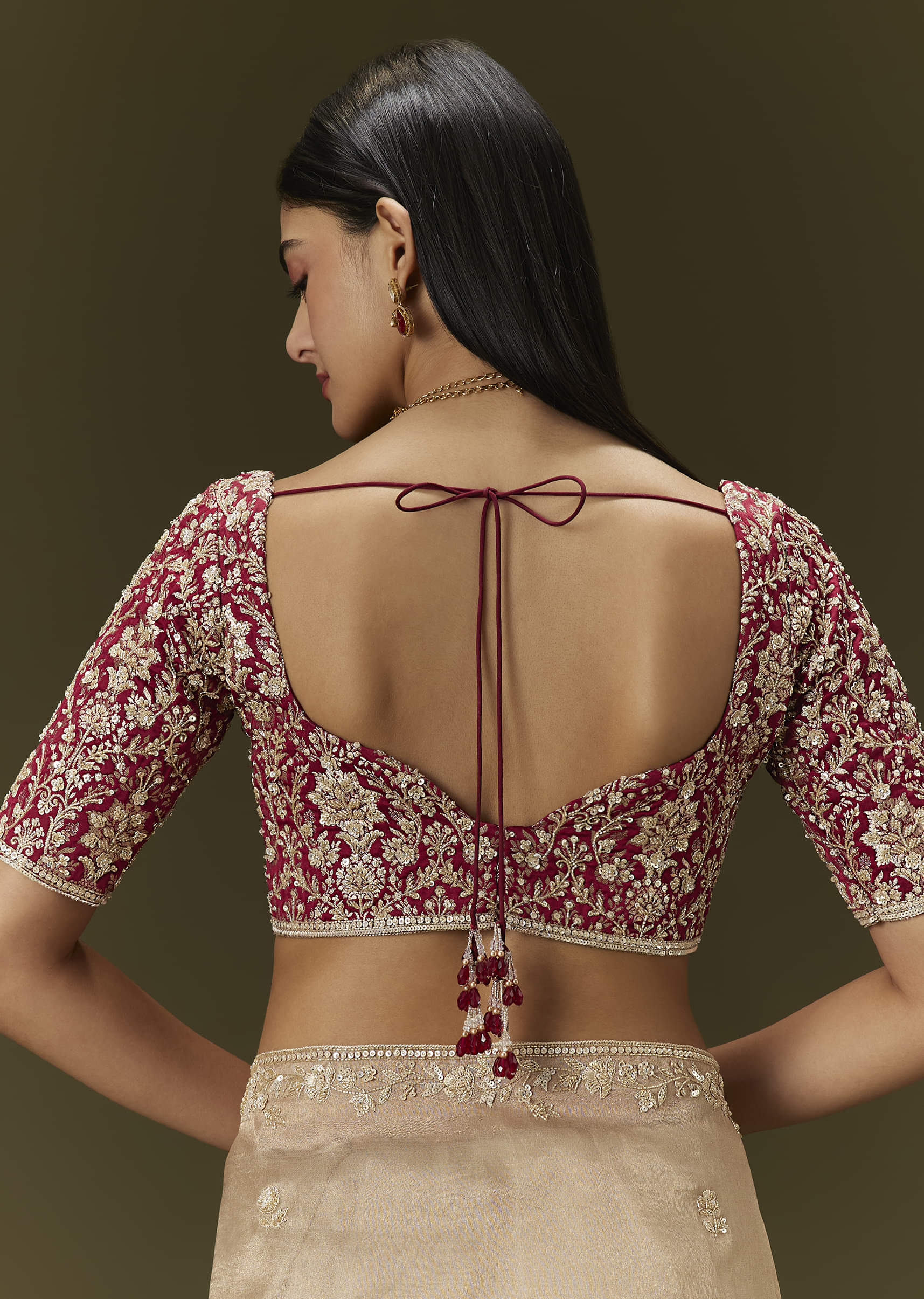 Indian Beige Embroidered Tissue Saree with Brocade Blouse (2-Piece) - Image 6