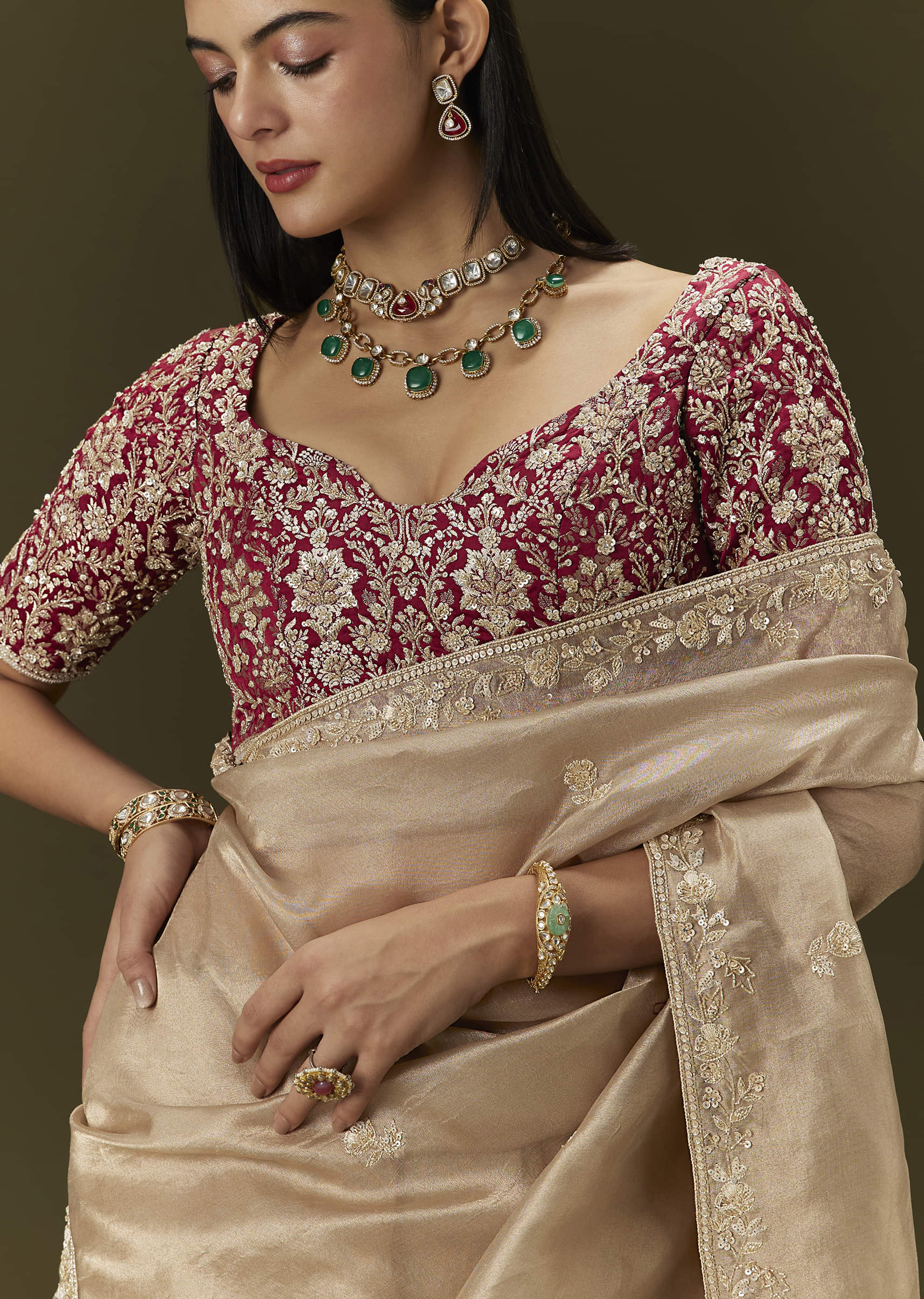 Indian Beige Embroidered Tissue Saree with Brocade Blouse (2-Piece) - Image 9