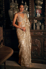 Nude Metallic Appliqué Tulle Saree (2-Piece) - Image 2