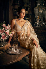 Nude Metallic Appliqué Tulle Saree (2-Piece) - Image 3