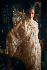 Nude Metallic Appliqué Tulle Saree (2-Piece) - Image 6