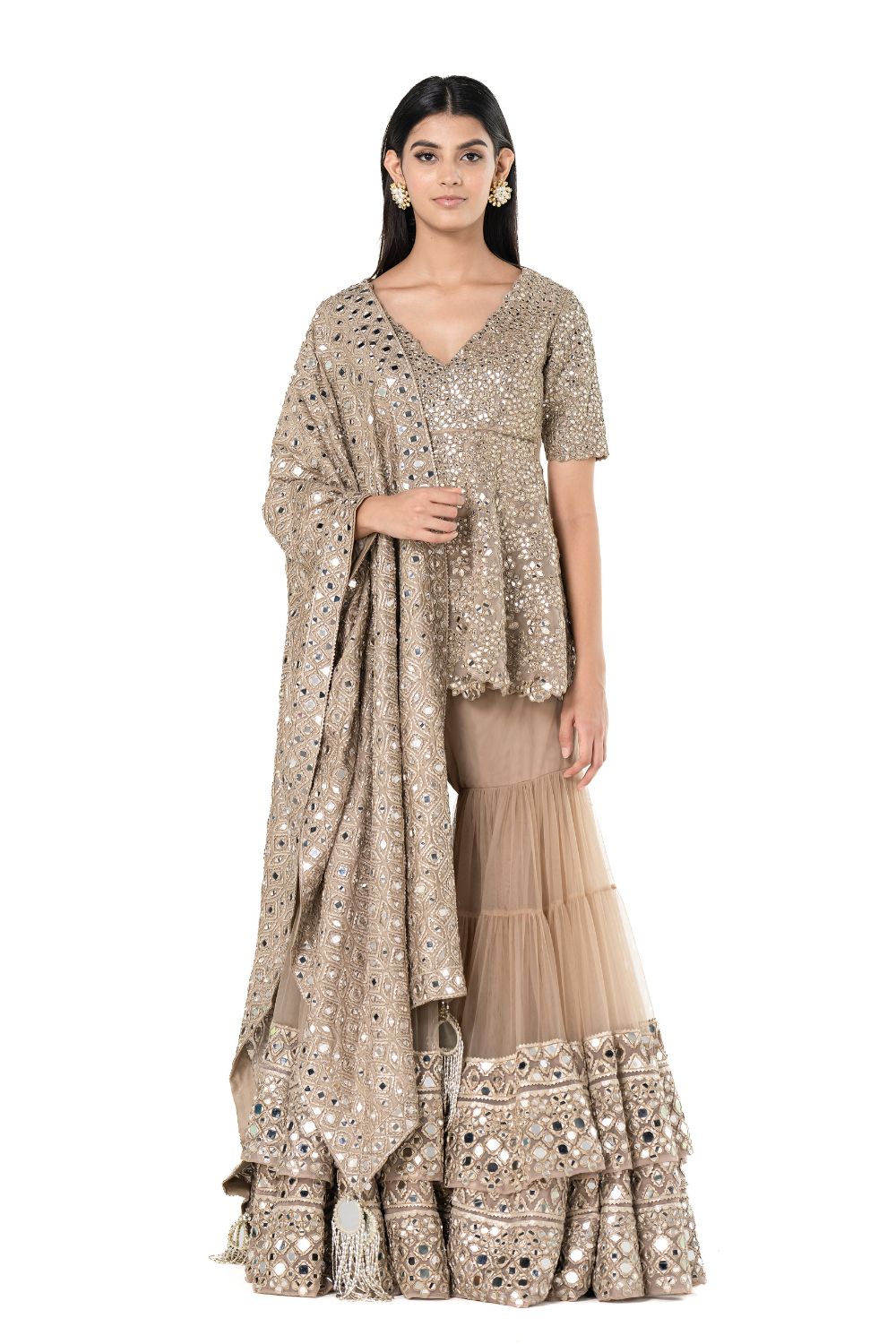 Beige Mirror Work Net Sharara Set (3-Piece) - Image 2