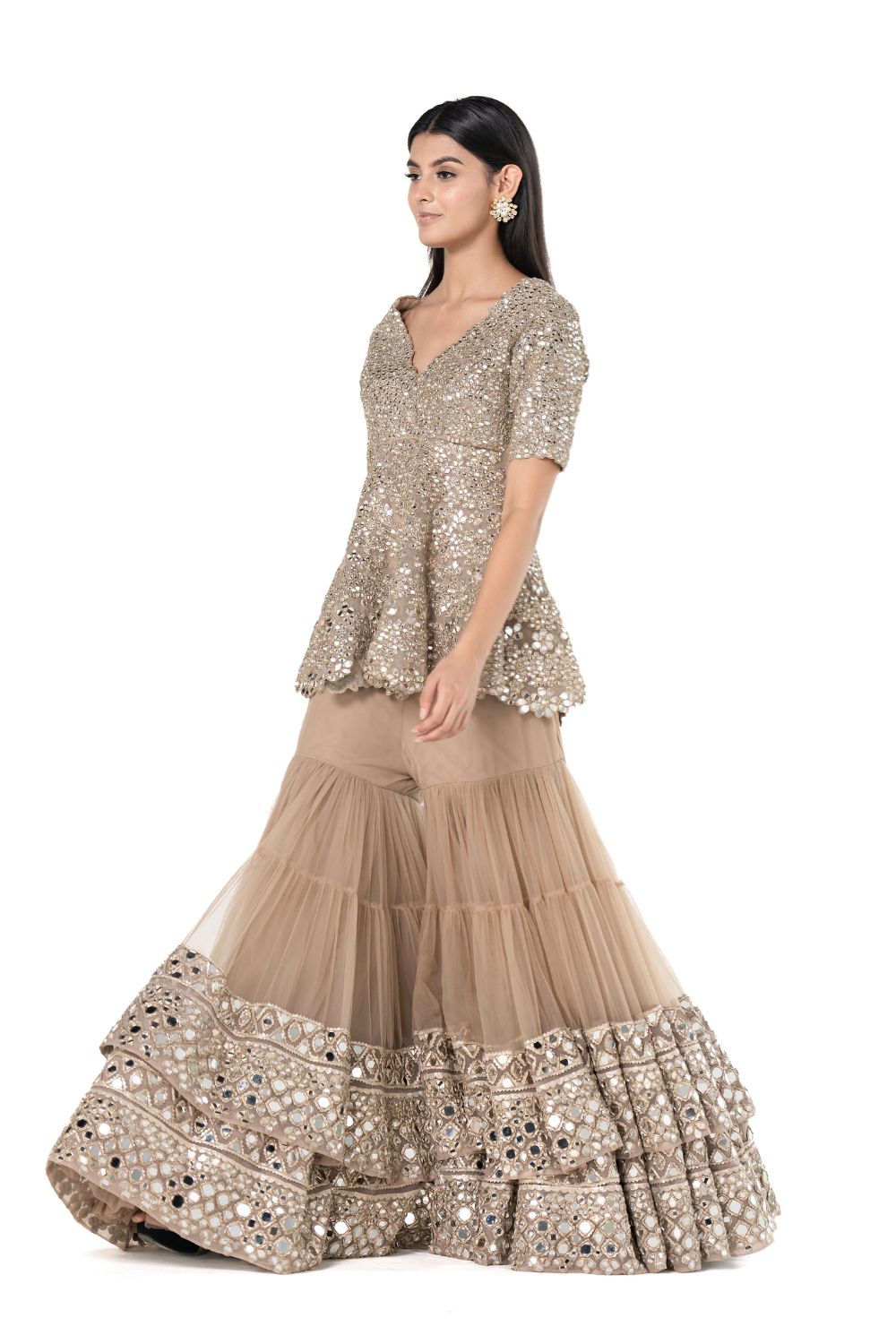 Beige Mirror Work Net Sharara Set (3-Piece) - Image 3