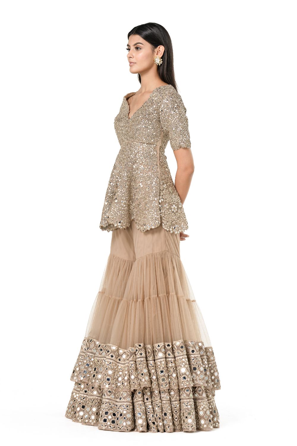 Beige Mirror Work Net Sharara Set (3-Piece) - Image 4