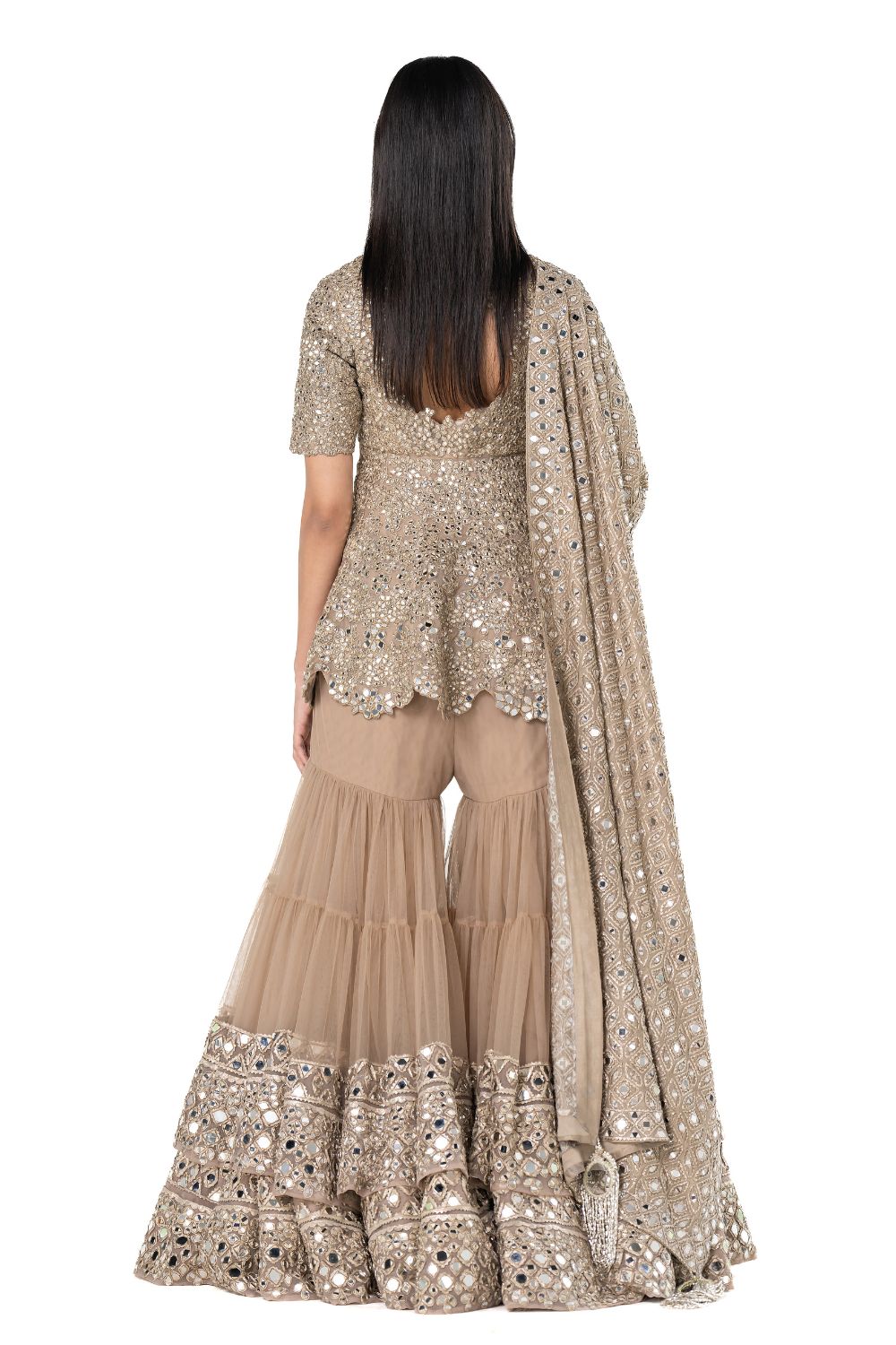 Beige Mirror Work Net Sharara Set (3-Piece) - Image 5