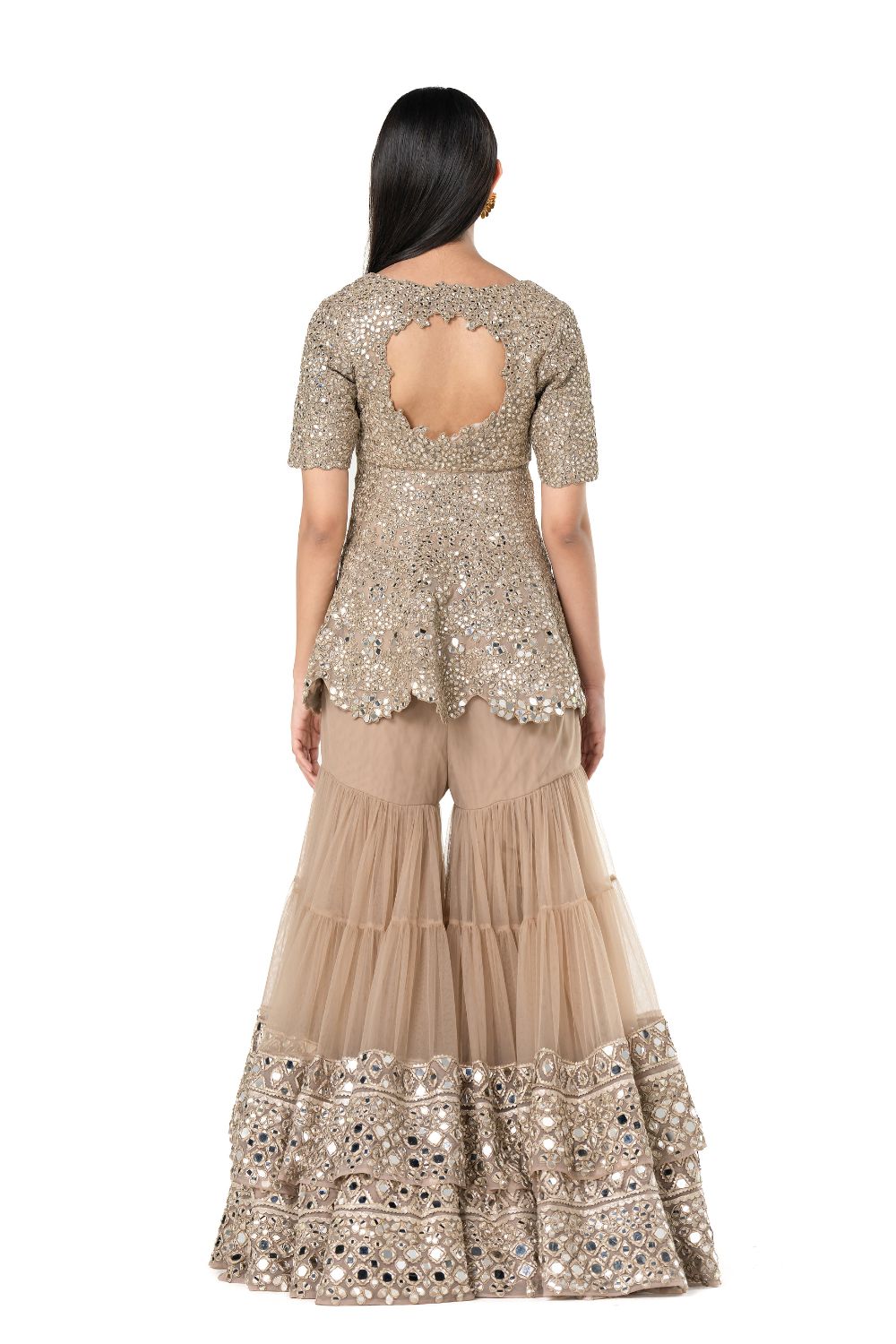 Beige Mirror Work Net Sharara Set (3-Piece) - Image 6