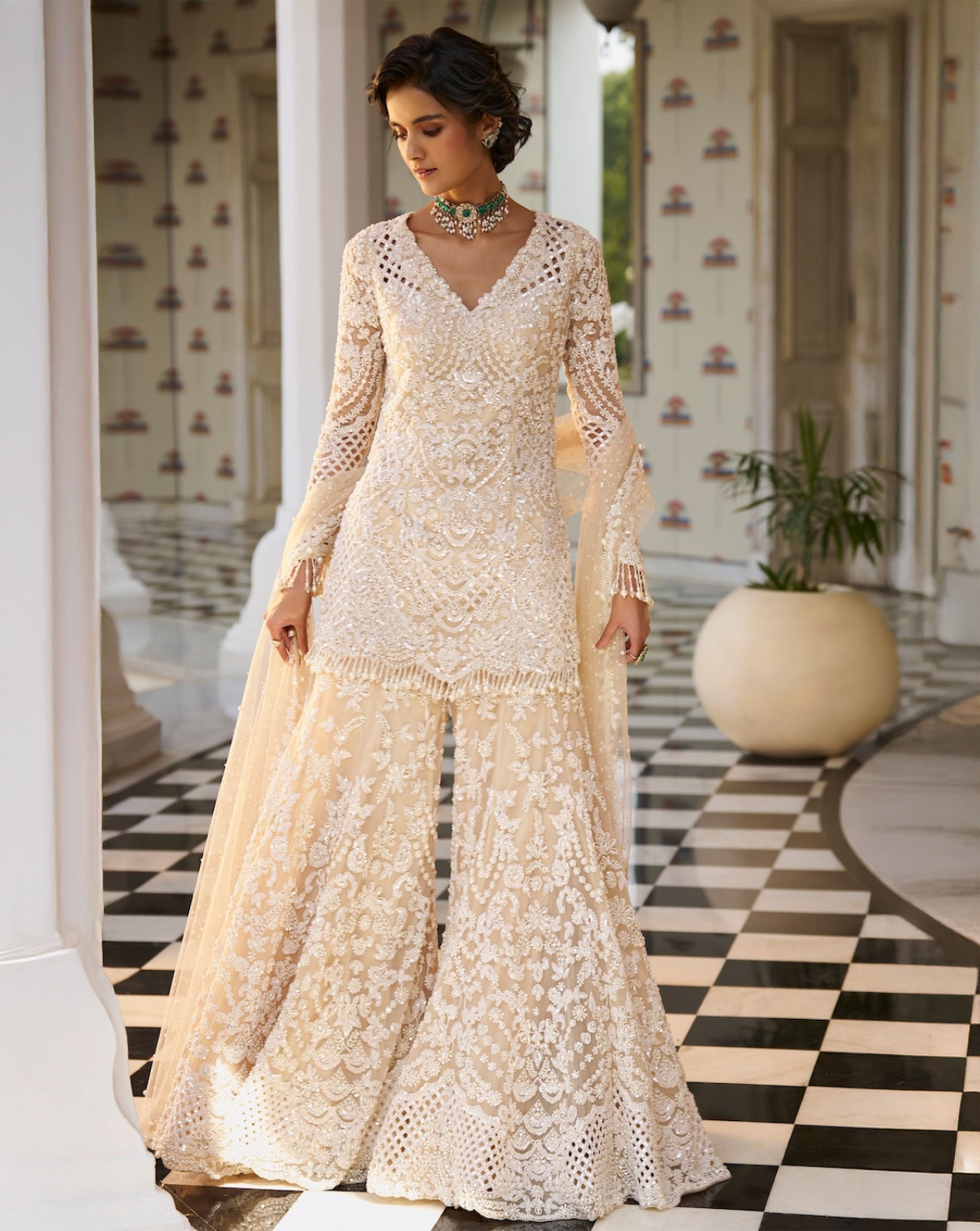 Indian Nude Pearl-Embroidered Net Sharara (3-Piece) - Image 1