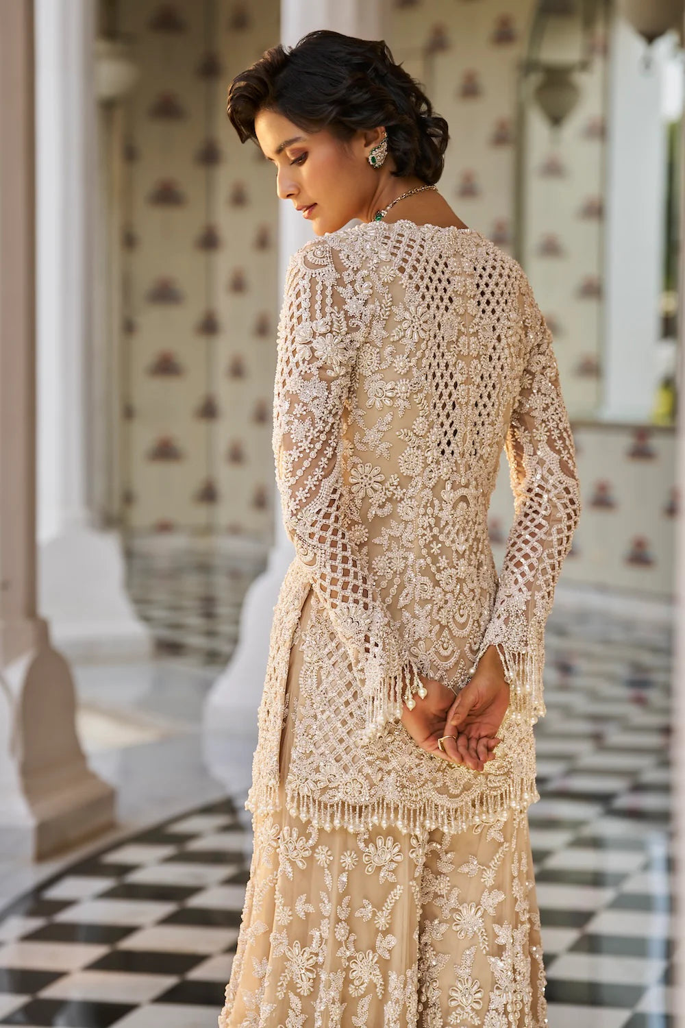 Indian Nude Pearl-Embroidered Net Sharara (3-Piece) - Image 4