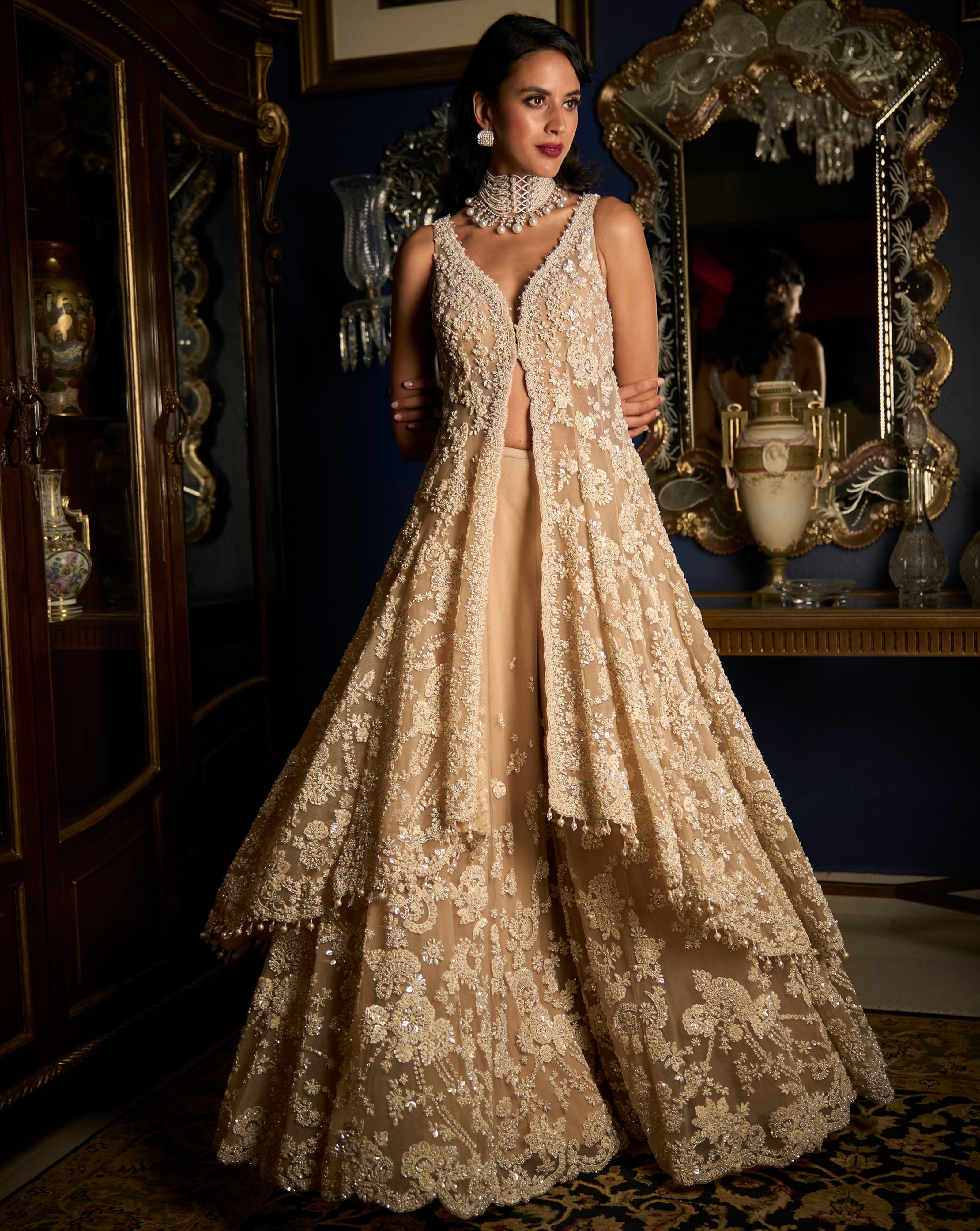 Indian Nude Embellished Net Sharara Set (3-Piece) - Image 1