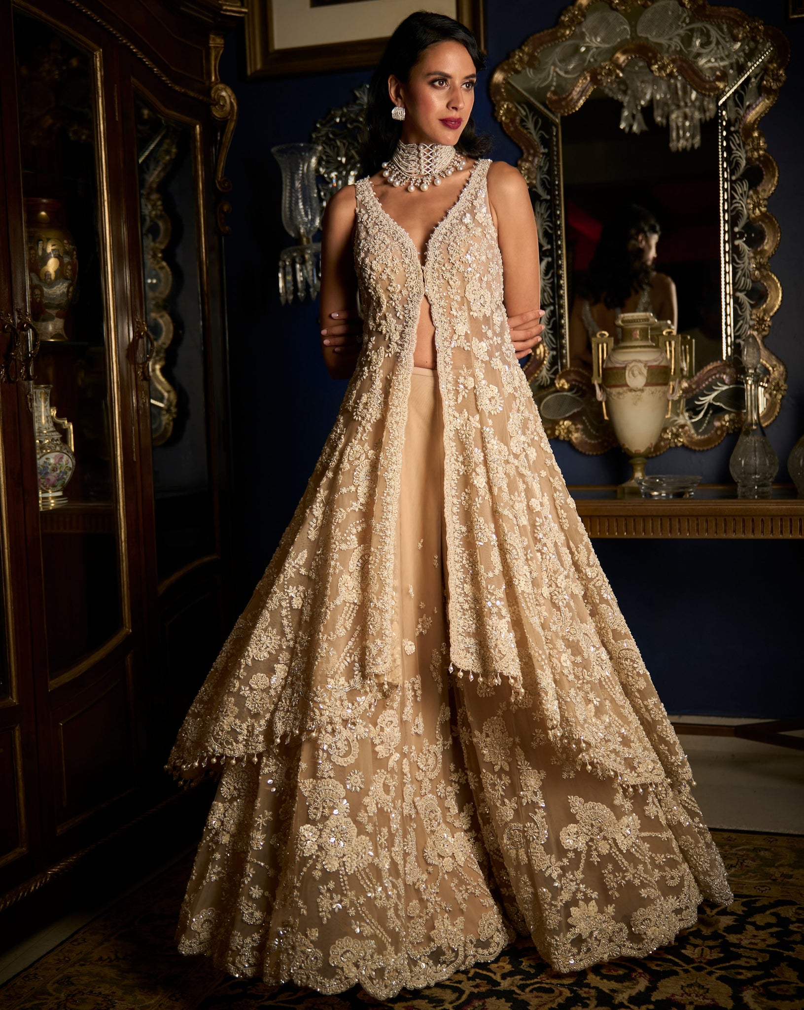 Indian Nude Embellished Net Sharara Set (3-Piece) - Image 2