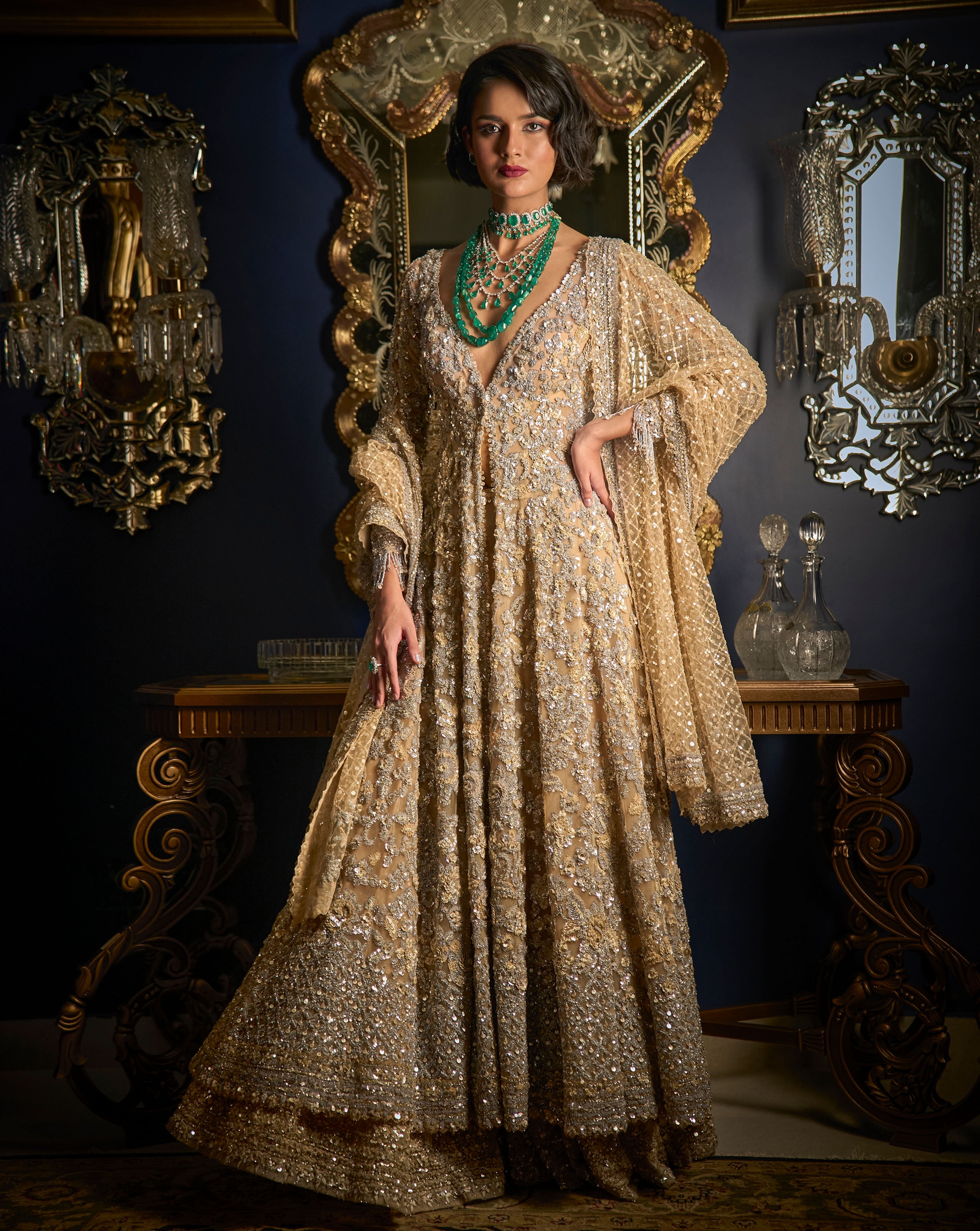 Indian Nude Embellished Net Sharara Set (3-Piece) - Image 5