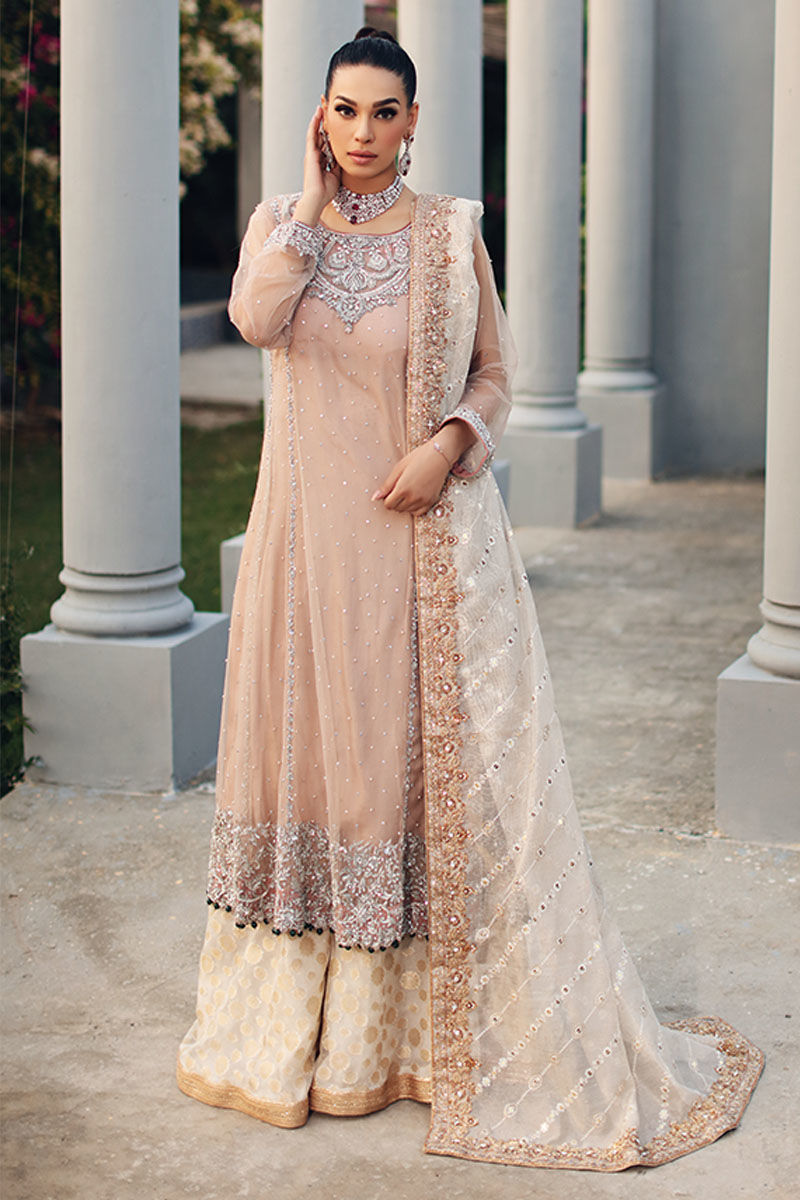 Beige Embroidered Net Kalidaar Sharara (3-Piece) - Image 1