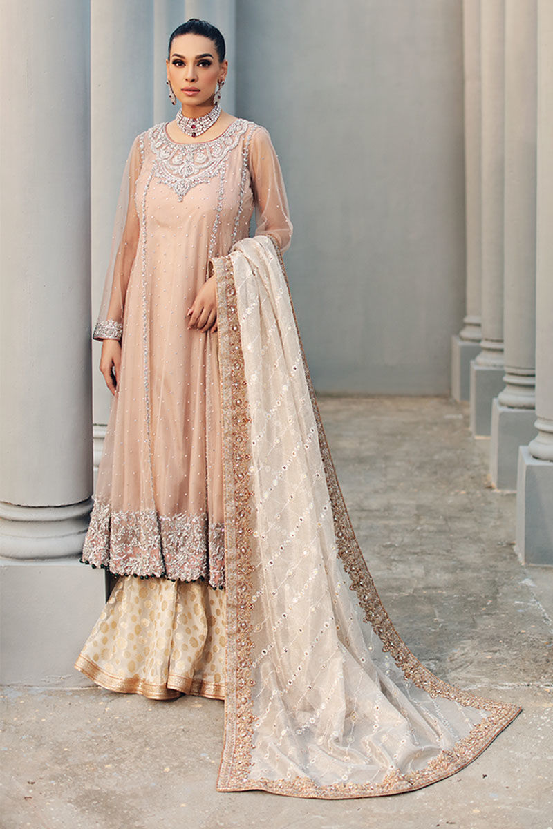 Beige Embroidered Net Kalidaar Sharara (3-Piece) - Image 3