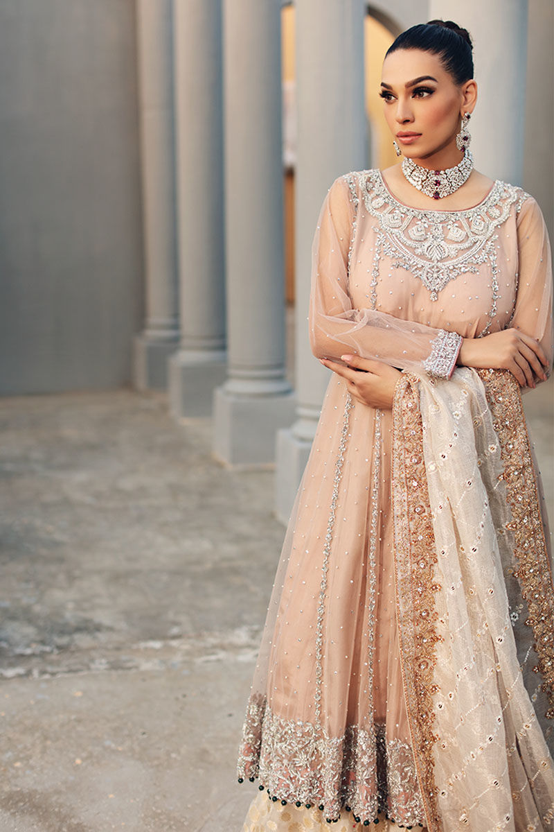 Beige Embroidered Net Kalidaar Sharara (3-Piece) - Image 5