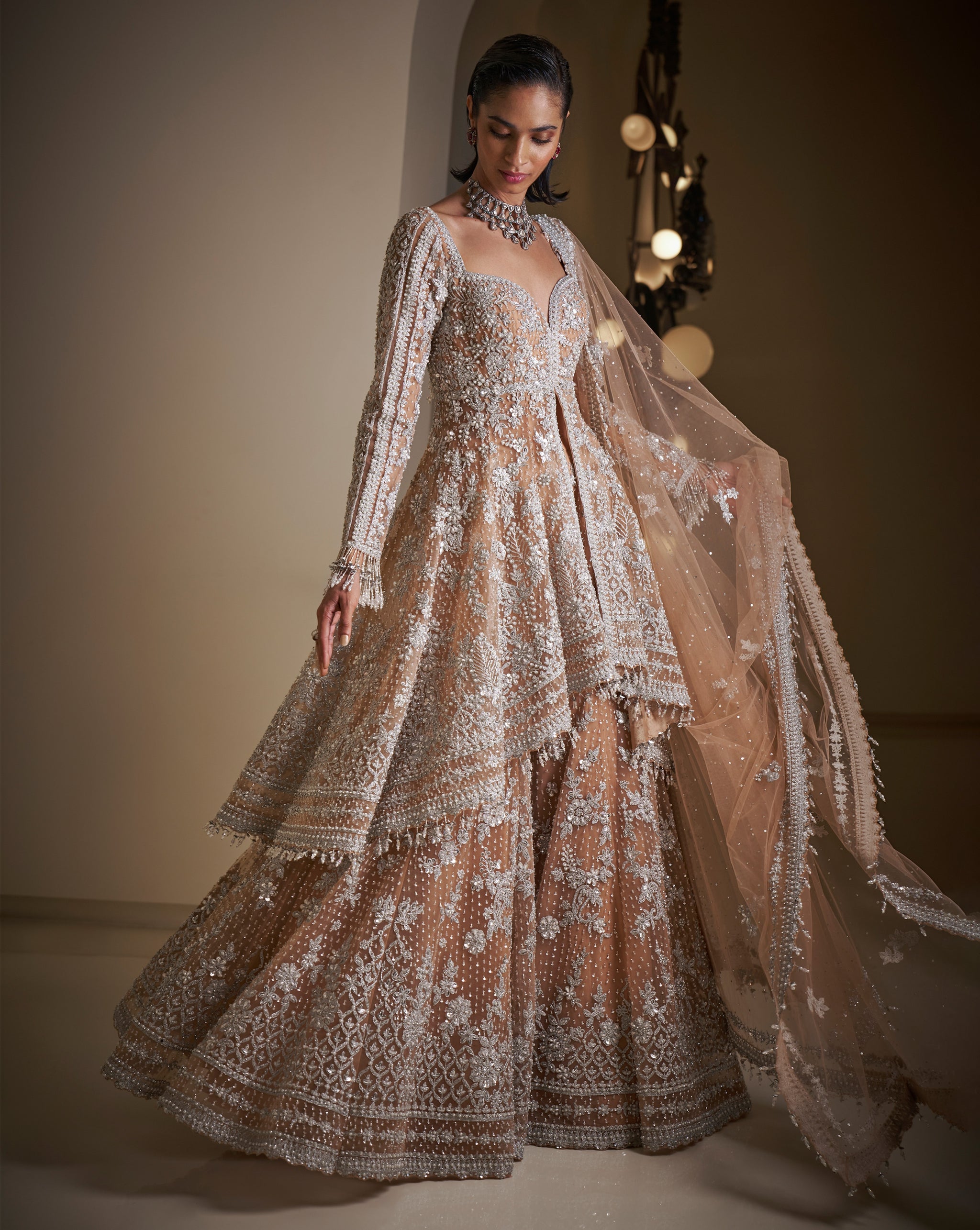 Nude Embroidered Net High-Low Jacket Sharara (3-Piece) - Image 2