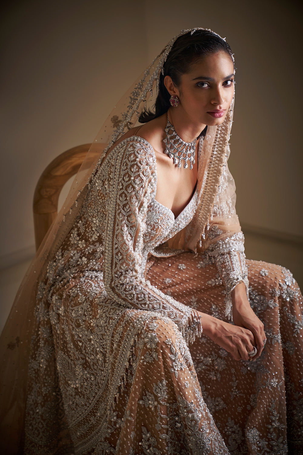 Nude Embroidered Net High-Low Jacket Sharara (3-Piece) - Image 4