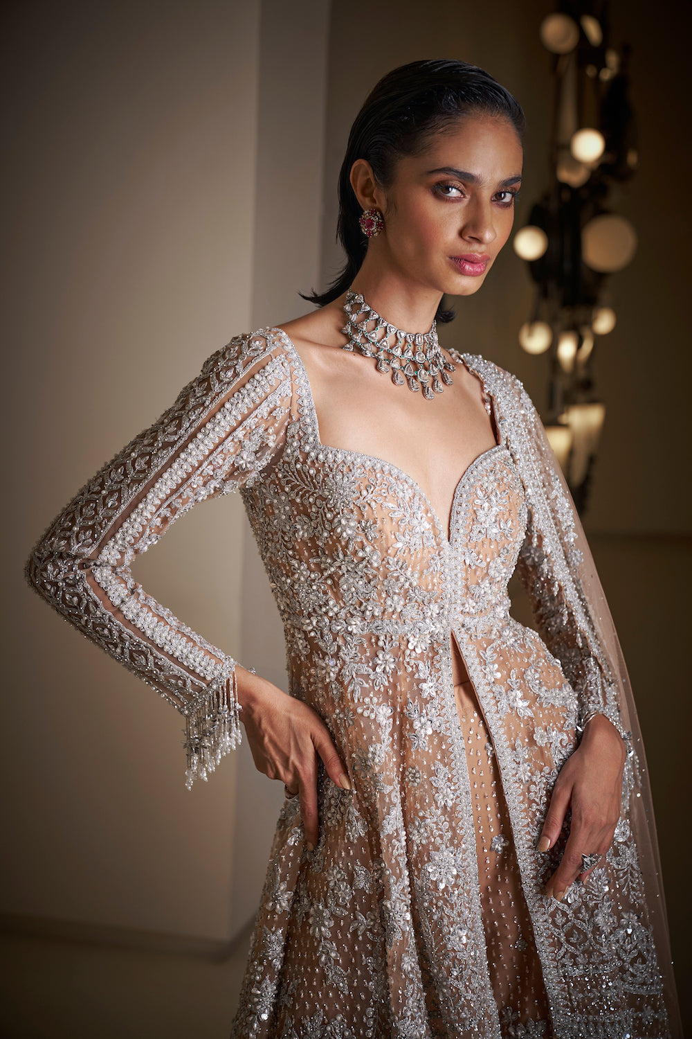 Nude Embroidered Net High-Low Jacket Sharara (3-Piece) - Image 5