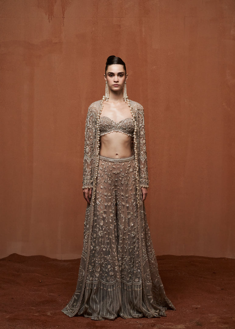 Indian Sandshell Embroidered Net Sharara Set (3-Piece) - Image 1