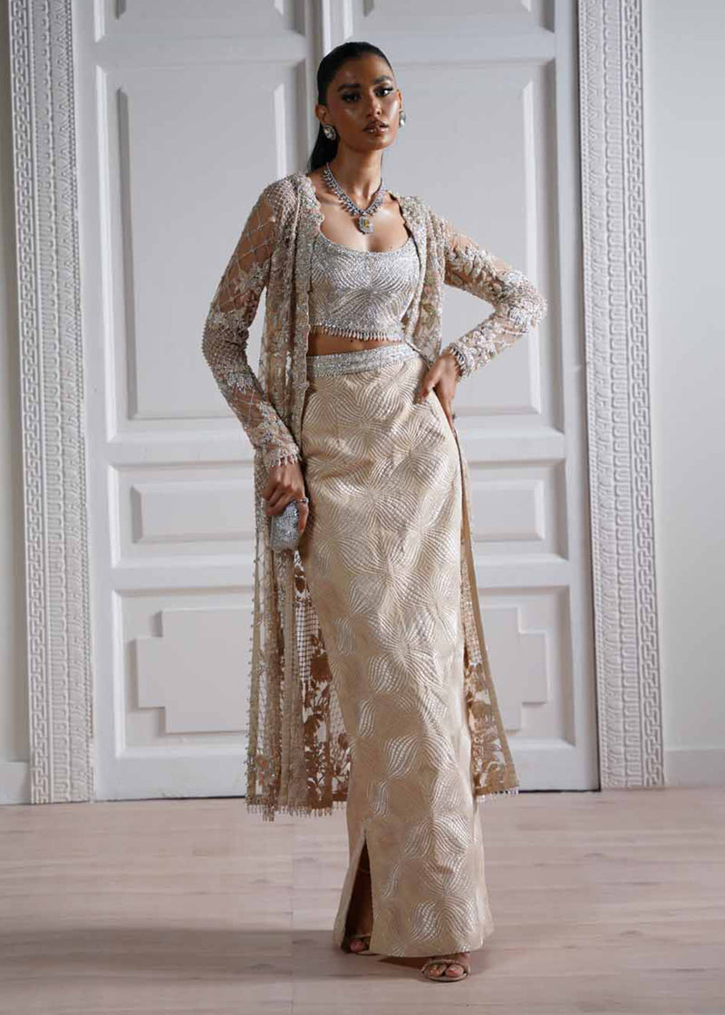 Beige Embellished Net & Organza Sharara (3-Piece) - Image 1
