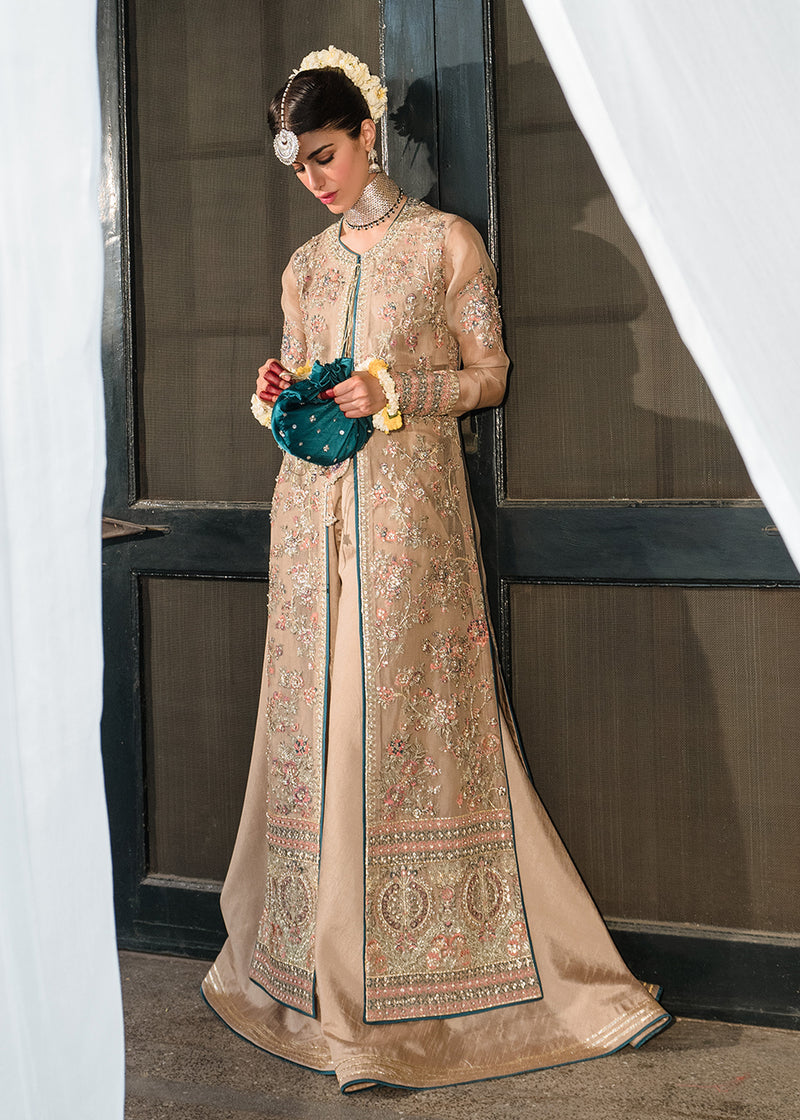 Pakistani Beige Embroidered Organza Jacket Sharara (3-Piece) - Image 1