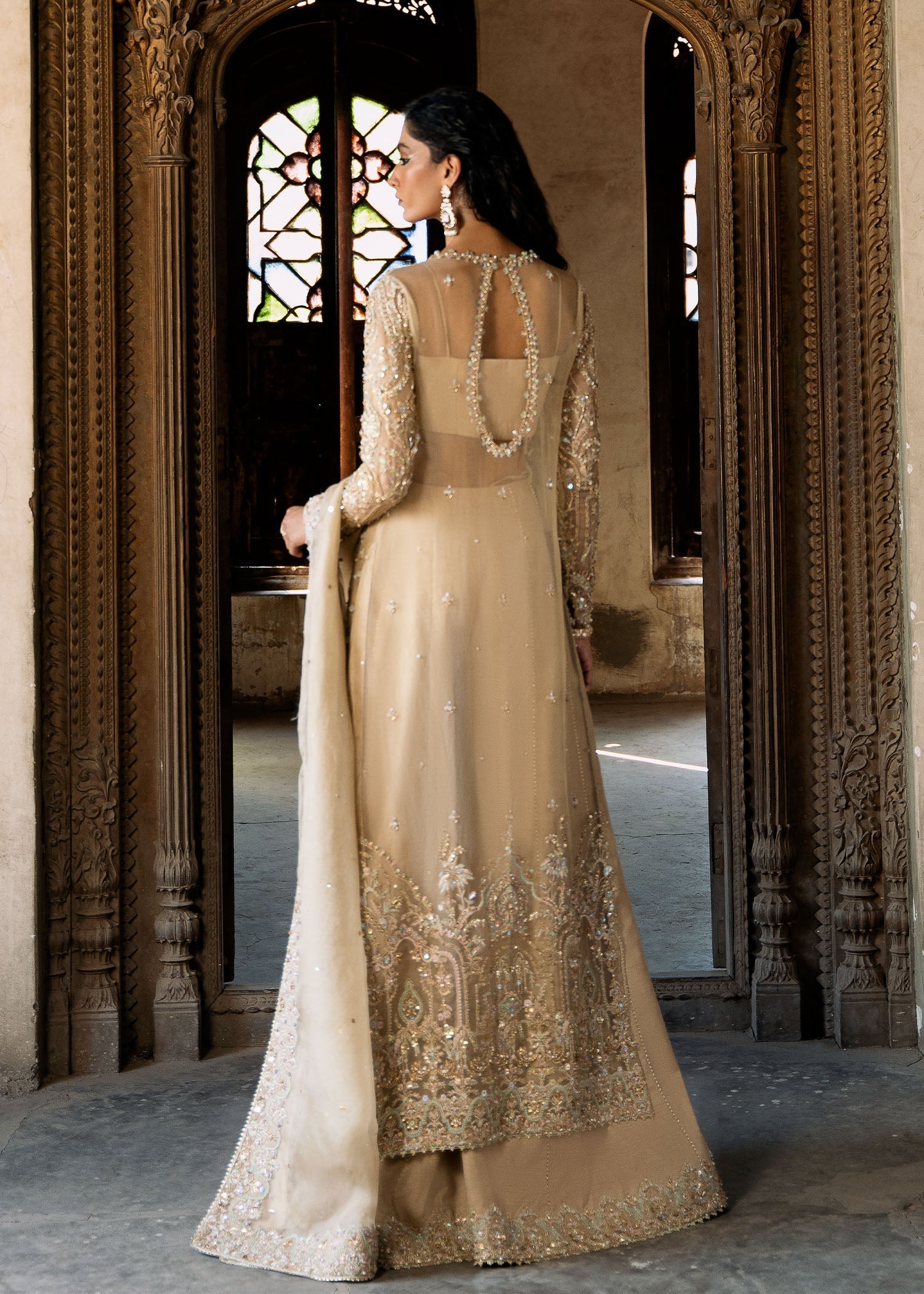 Nude Embellished Kathan Organza Open Gown Sharara (3-Piece) - Image 5