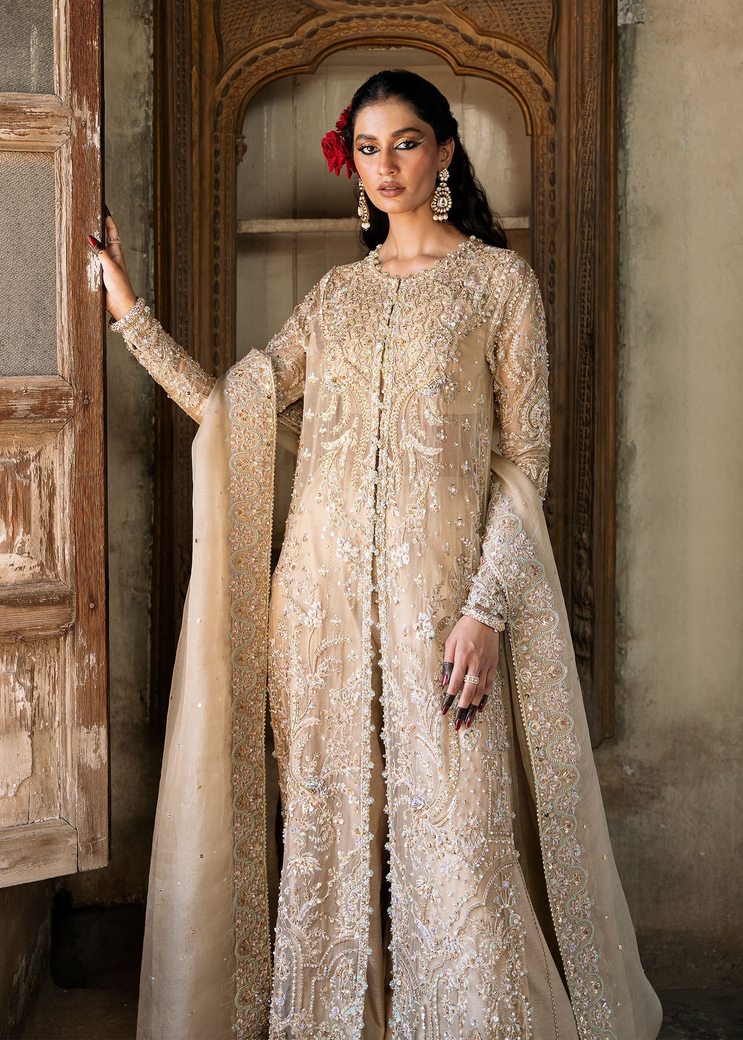 Nude Embellished Kathan Organza Open Gown Sharara (3-Piece) - Image 9