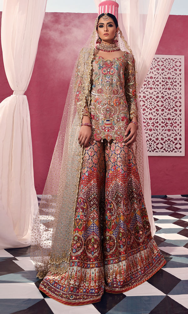 Pakistani Ashy Beige Embroidered Silk Sharara (3-Piece) - Image 2
