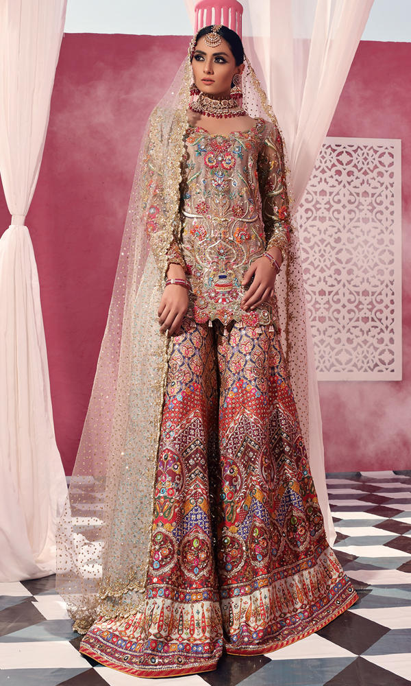 Pakistani Ashy Beige Embroidered Silk Sharara (3-Piece) - Image 3