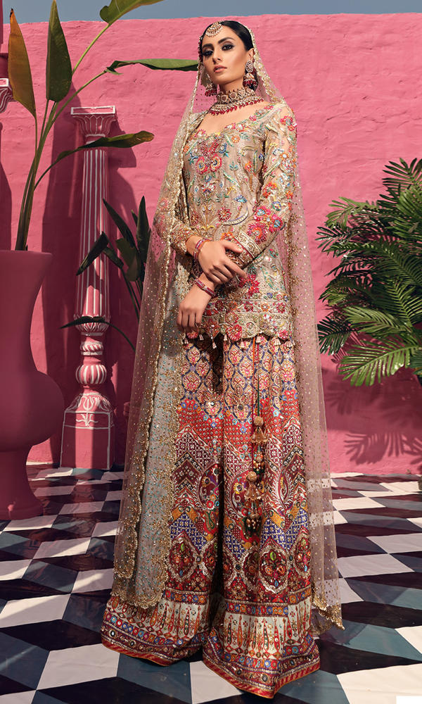 Pakistani Ashy Beige Embroidered Silk Sharara (3-Piece) - Image 4