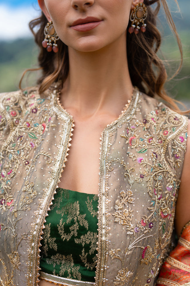 Pakistani Acorn Beige Embroidered Tissue Jacket Sharara (4-Piece) - Image 3