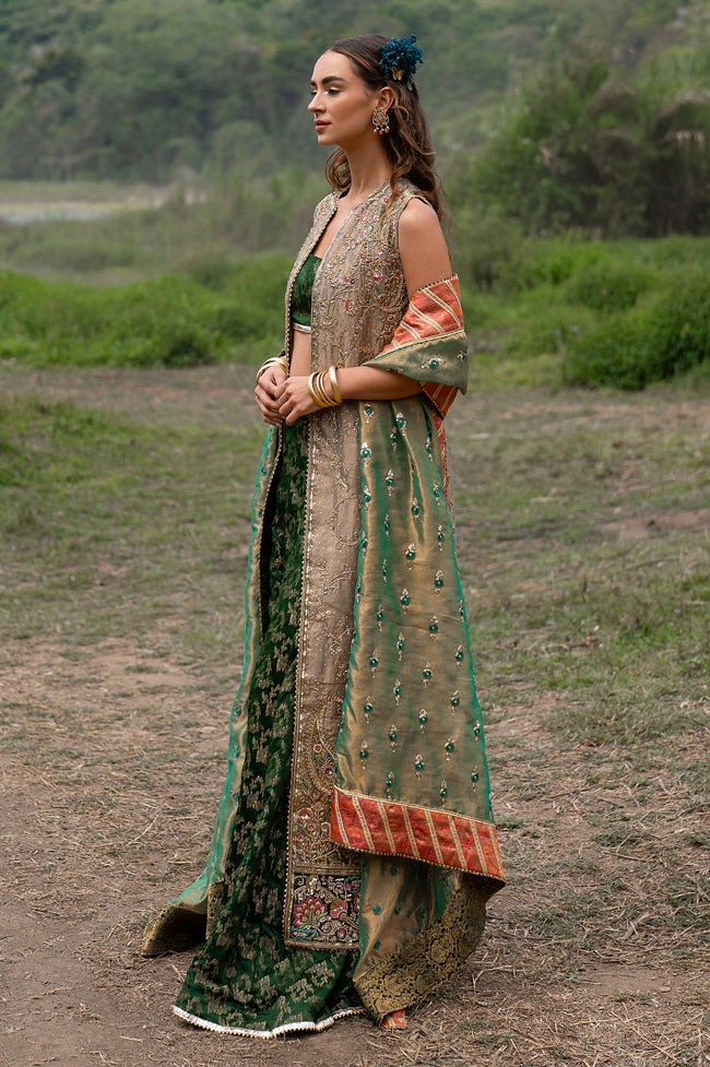 Pakistani Acorn Beige Embroidered Tissue Jacket Sharara (4-Piece) - Image 4