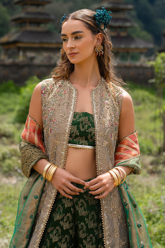 Pakistani Acorn Beige Embroidered Tissue Jacket Sharara (4-Piece) - Image 5