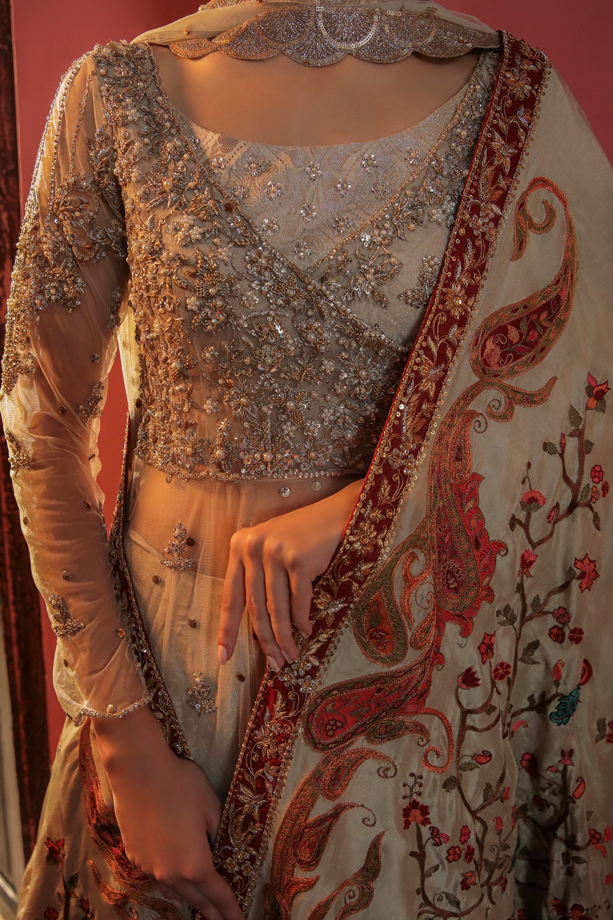 Nude Beige Resham Embroidered Raw Silk Shawl (1-Pc) - Image 1