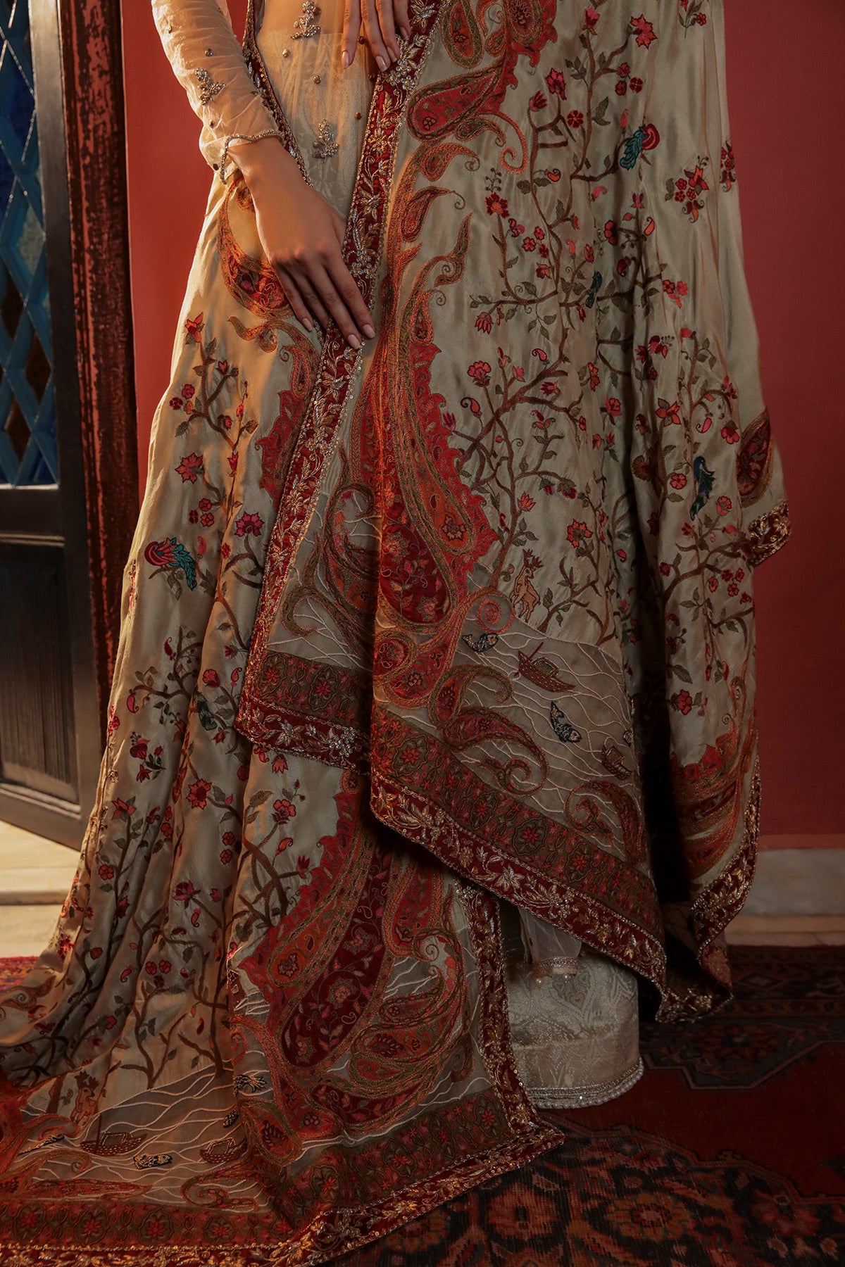 Nude Beige Resham Embroidered Raw Silk Shawl (1-Pc) - Image 2