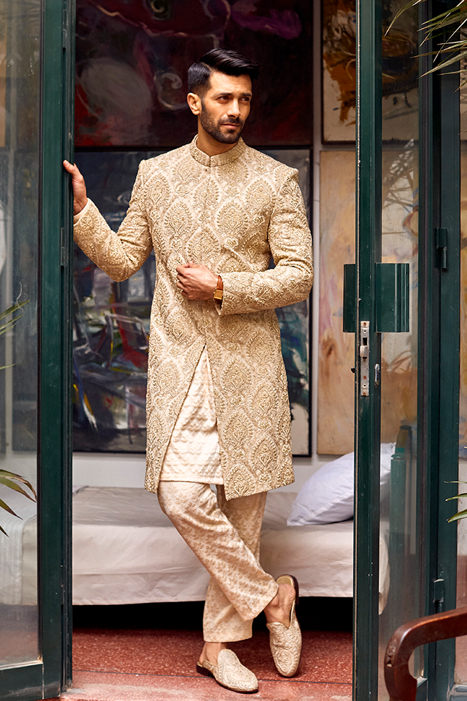 Beige Damask Embroidered Sherwani (3-Piece) - Image 1