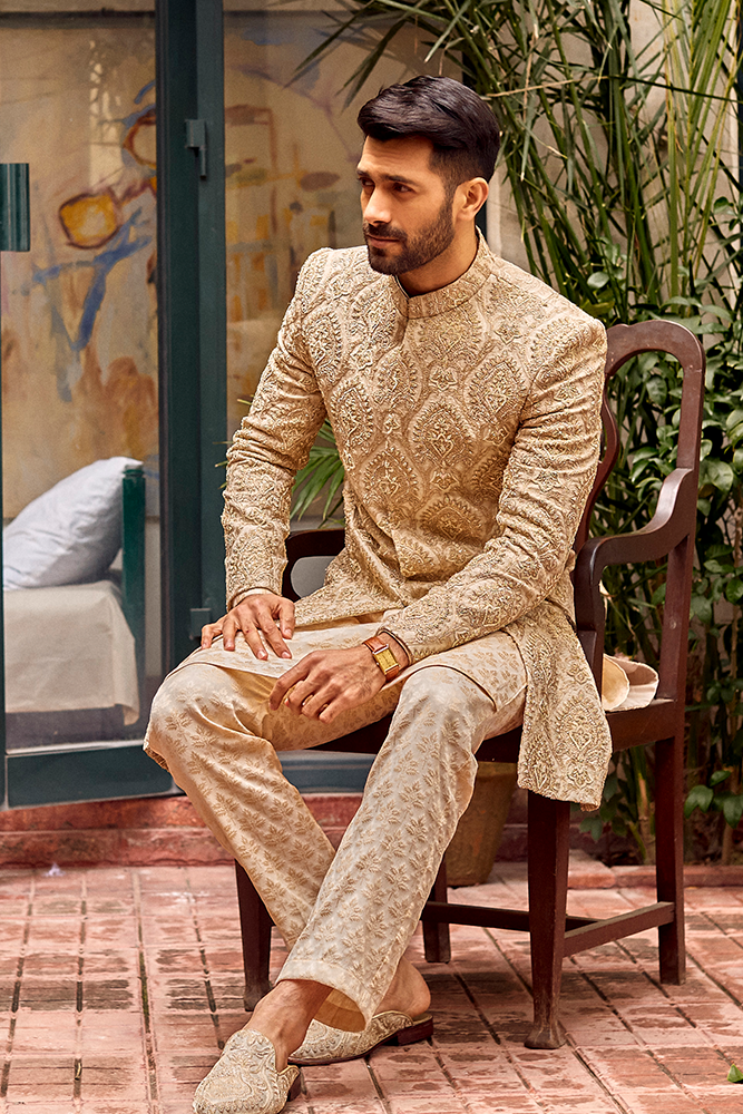 Beige Damask Embroidered Sherwani (3-Piece) - Image 3