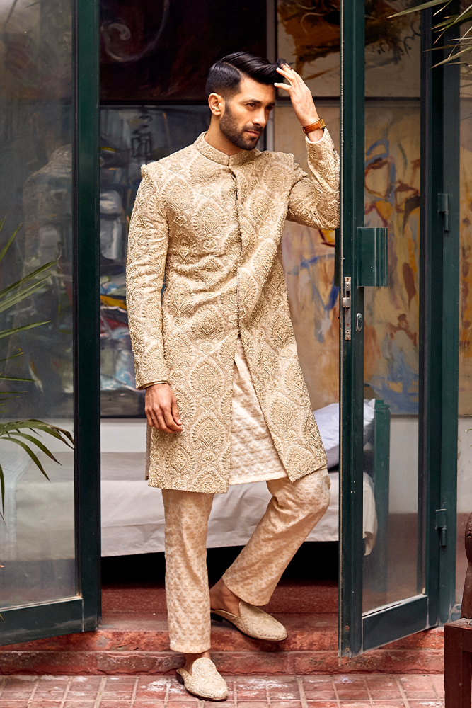 Beige Damask Embroidered Sherwani (3-Piece) - Image 4