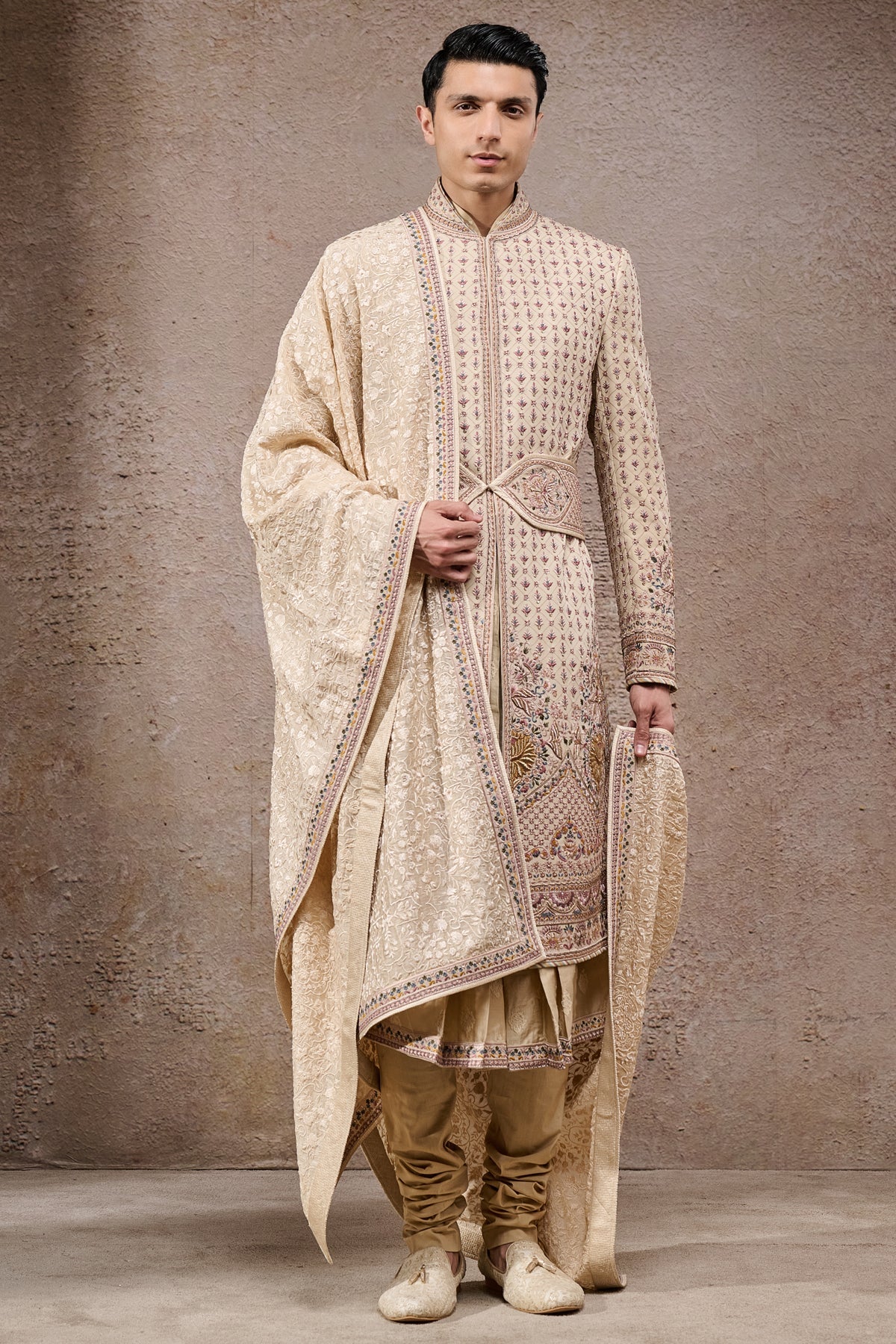 Multi-Beige Zari & Pearl Embroidered Sherwani (5-Piece) - Image 1