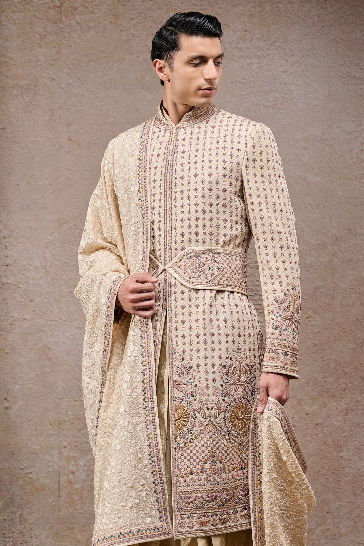 Multi-Beige Zari & Pearl Embroidered Sherwani (5-Piece) - Image 2