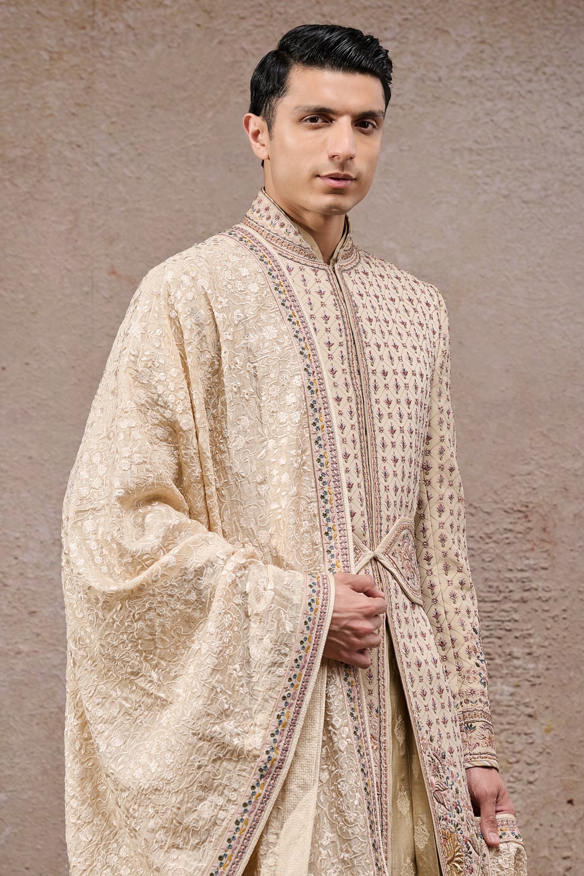 Multi-Beige Zari & Pearl Embroidered Sherwani (5-Piece) - Image 3