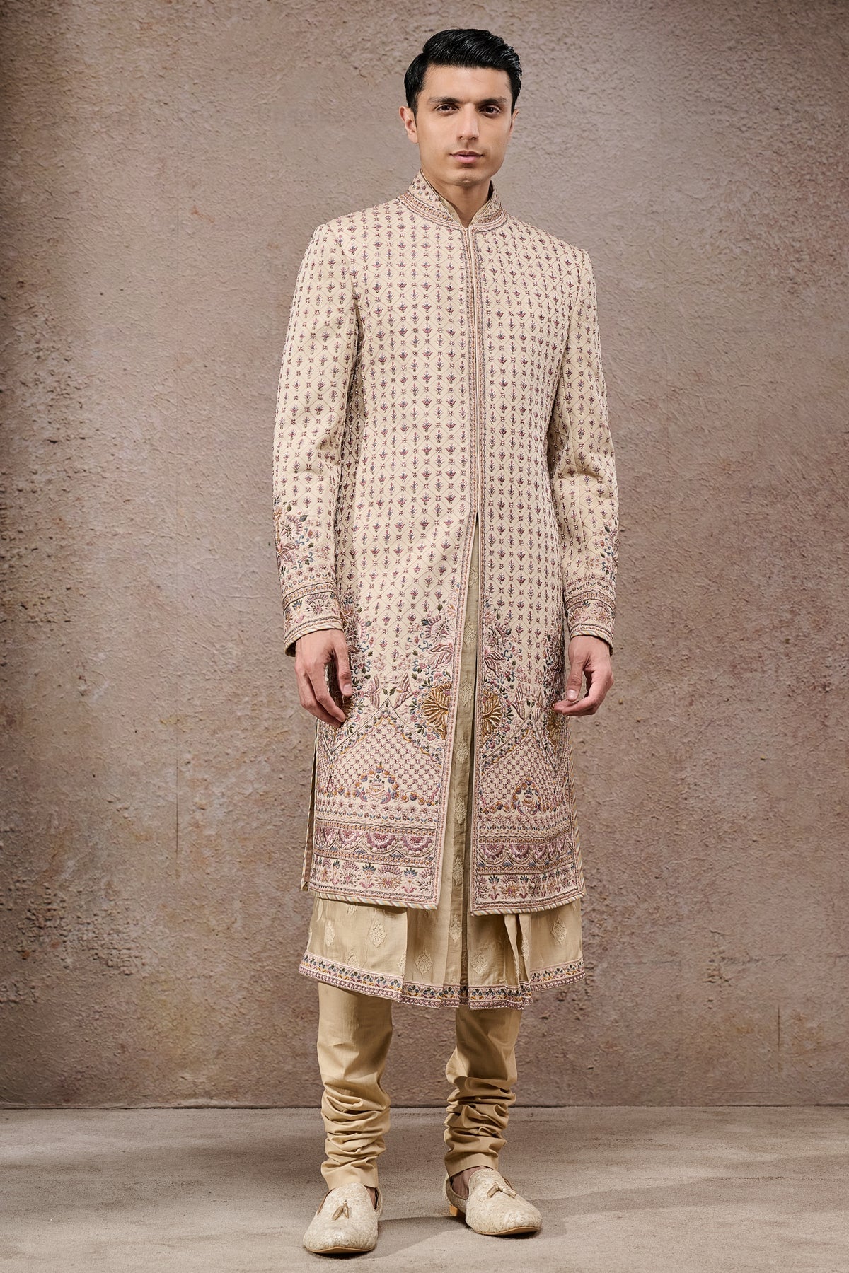 Multi-Beige Zari & Pearl Embroidered Sherwani (5-Piece) - Image 4