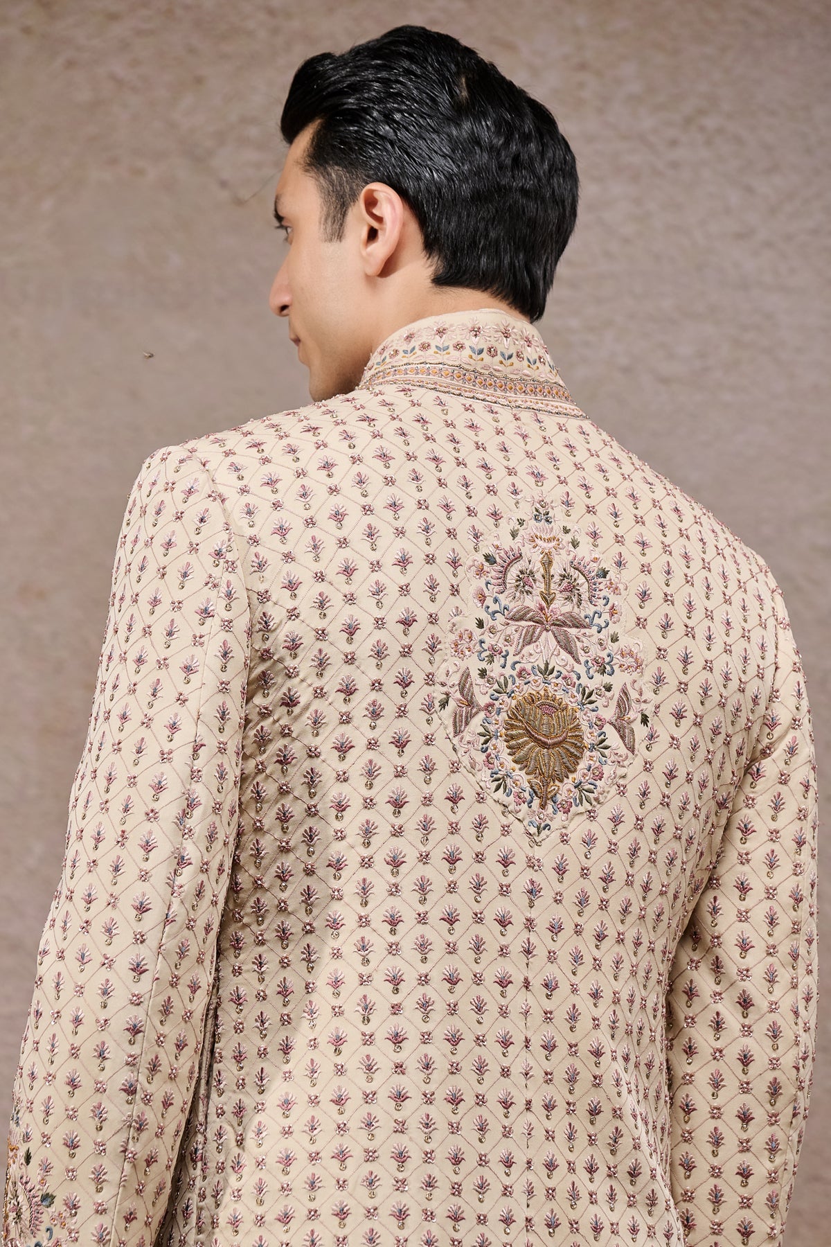 Multi-Beige Zari & Pearl Embroidered Sherwani (5-Piece) - Image 5