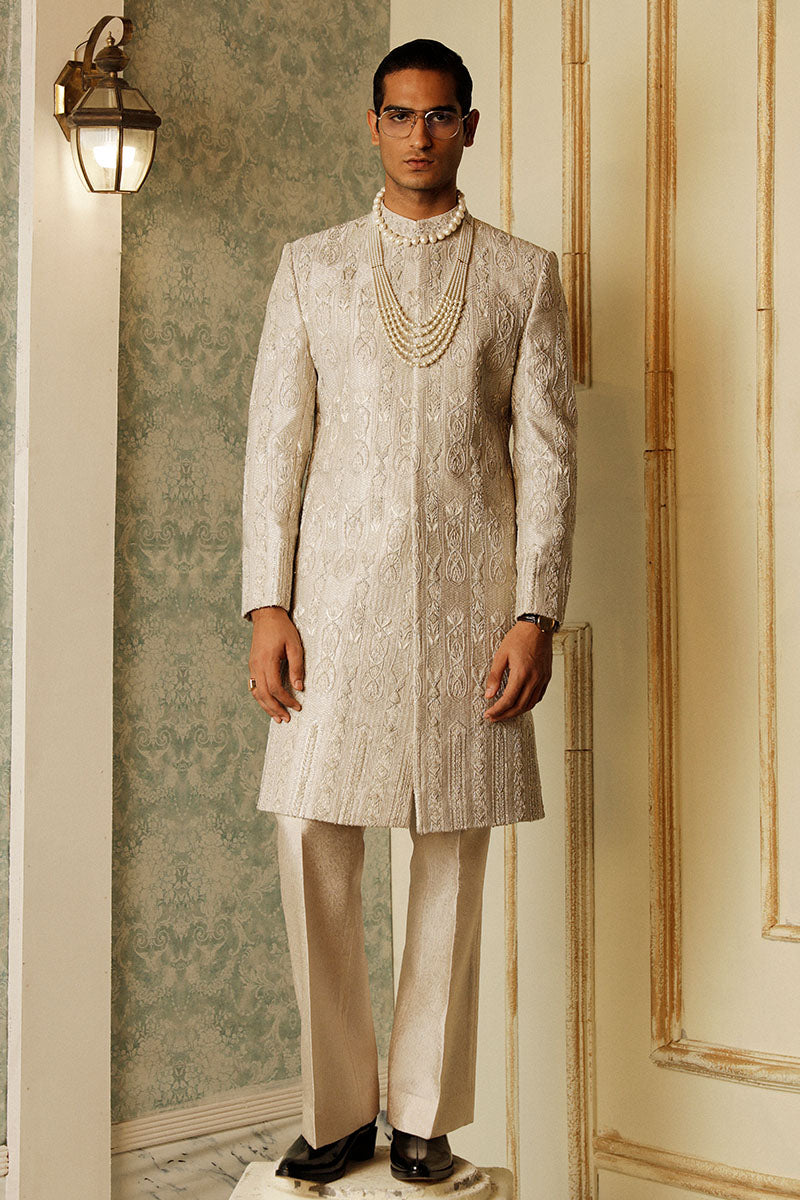 Taupe Hand Embroidered Jacquard Sherwani (2-Piece) - Image 1