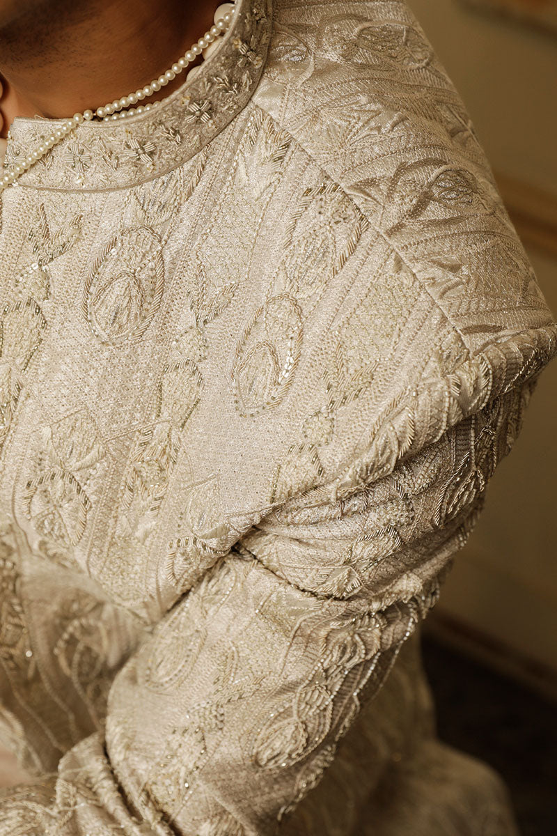 Taupe Hand Embroidered Jacquard Sherwani (2-Piece) - Image 3