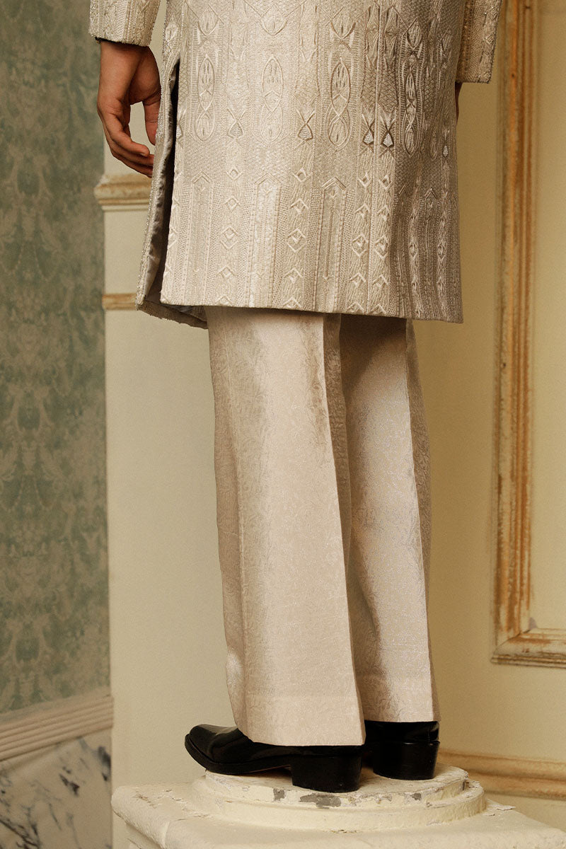 Taupe Hand Embroidered Jacquard Sherwani (2-Piece) - Image 4