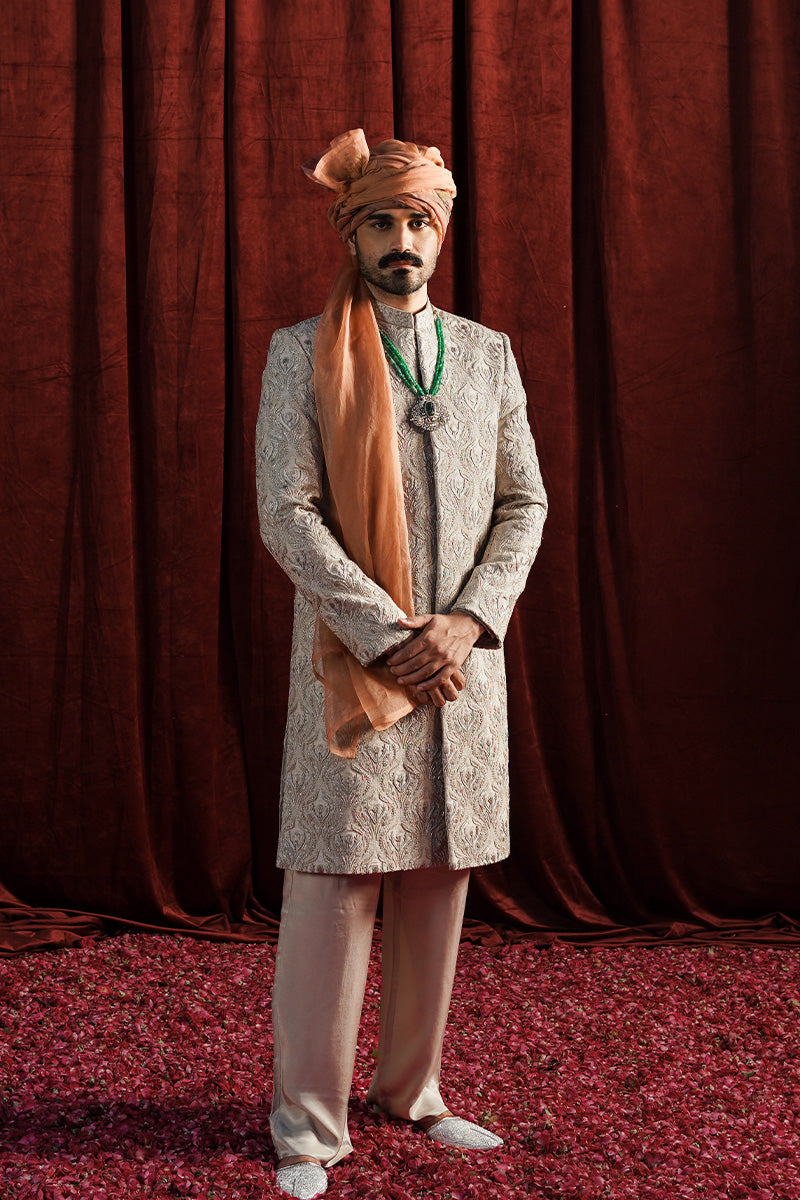 Beige Jacquard Sherwani with Resham & Sequin Embroidery (3-Piece) - Image 1